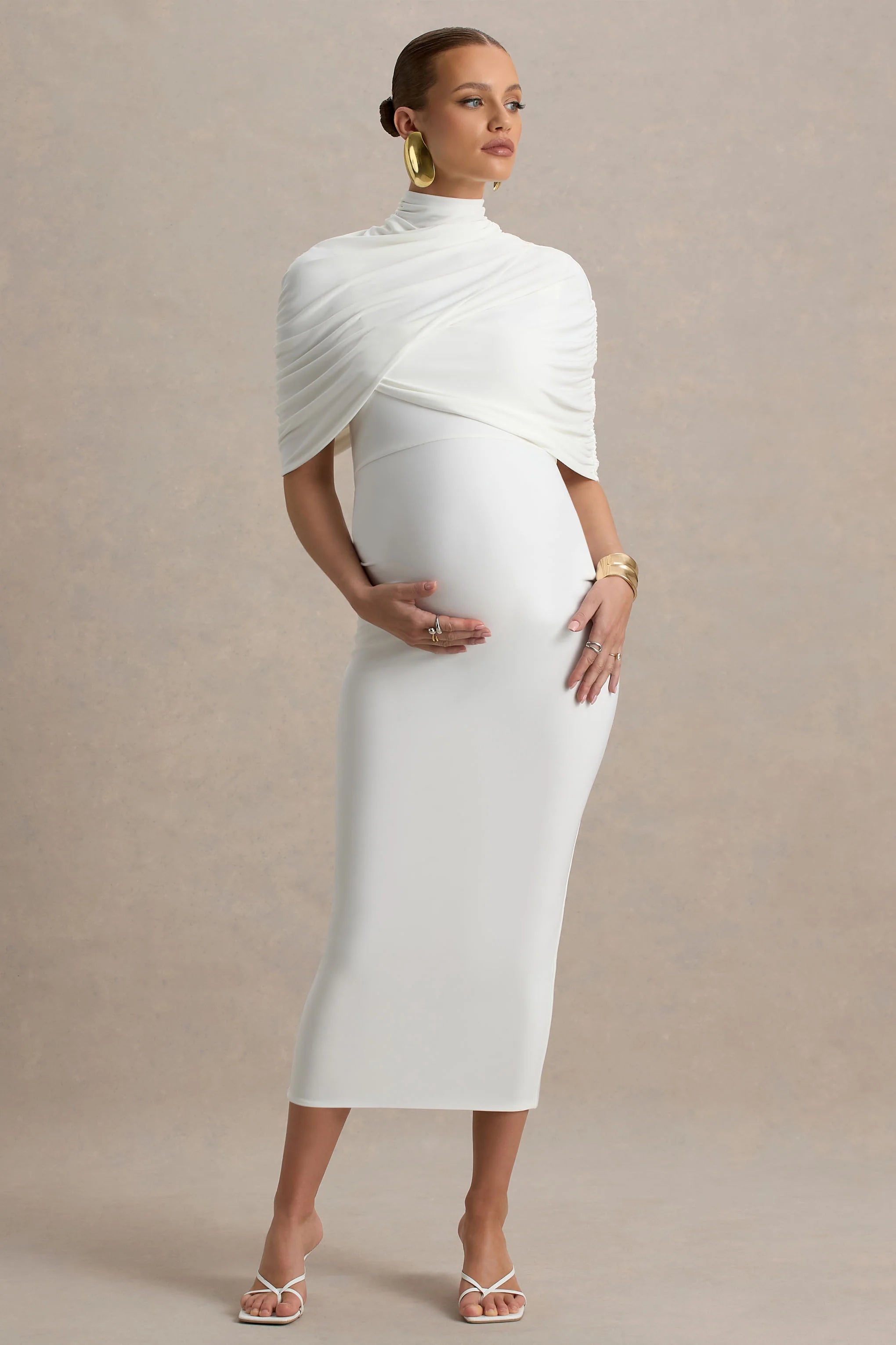 Augustina White Maternity Midi Dress With Cape