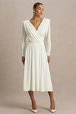 Alexis Cream Plunge Neck Midi Dress With Draped And Ruched Detailing
