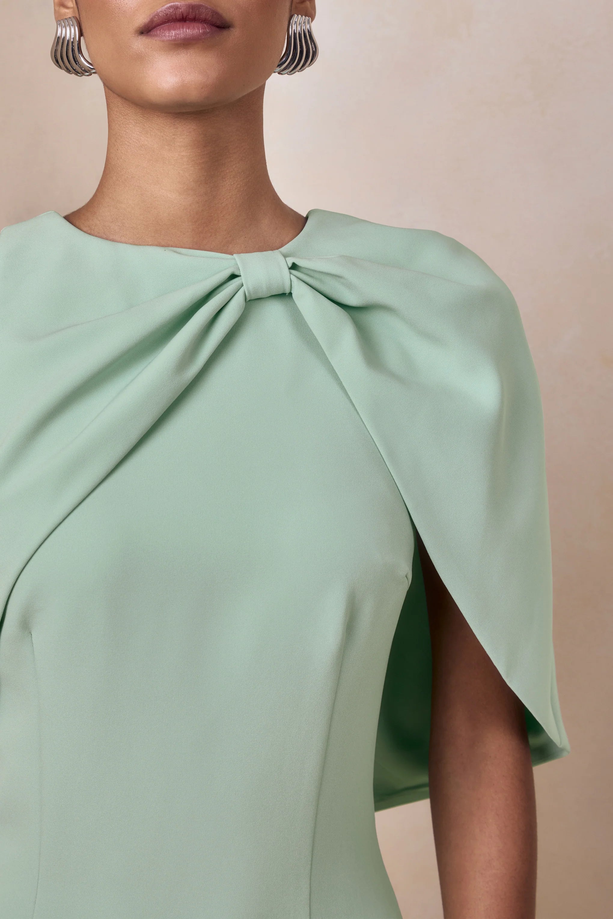 Quira Mint Asymmetric Neck Maxi Dress With Cape Sleeve