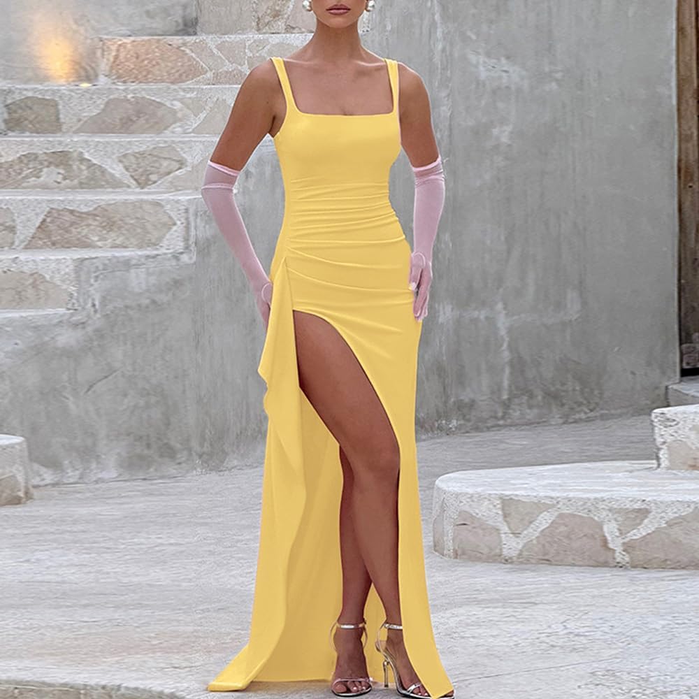 Women Formal Dresses Sleeveless Bodycon Ruched High Slit Sexy Maxi Dress Cocktail Prom