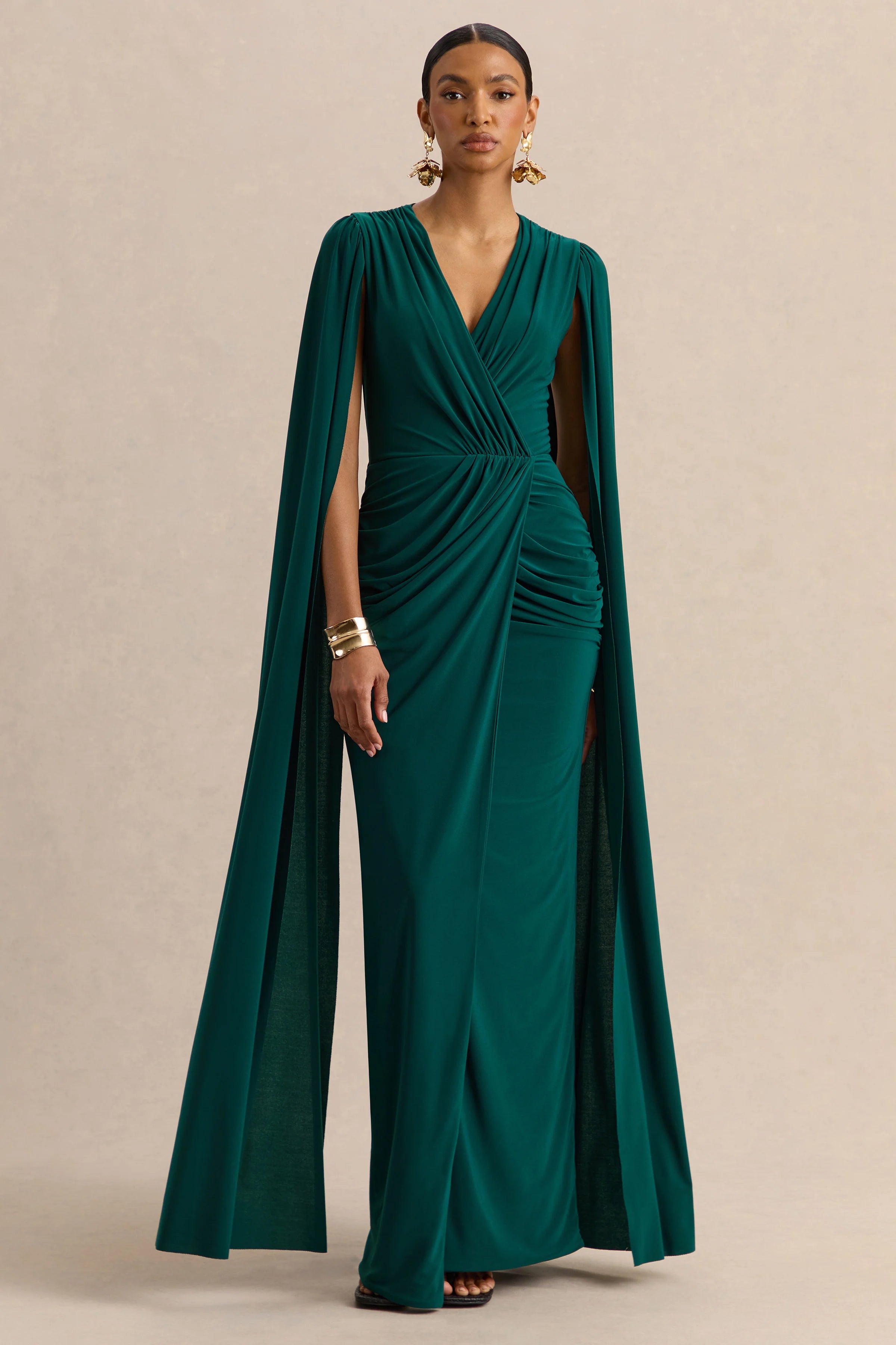 Ulissia Bottle Green V Neck Maxi Dress With Cape Sleeves