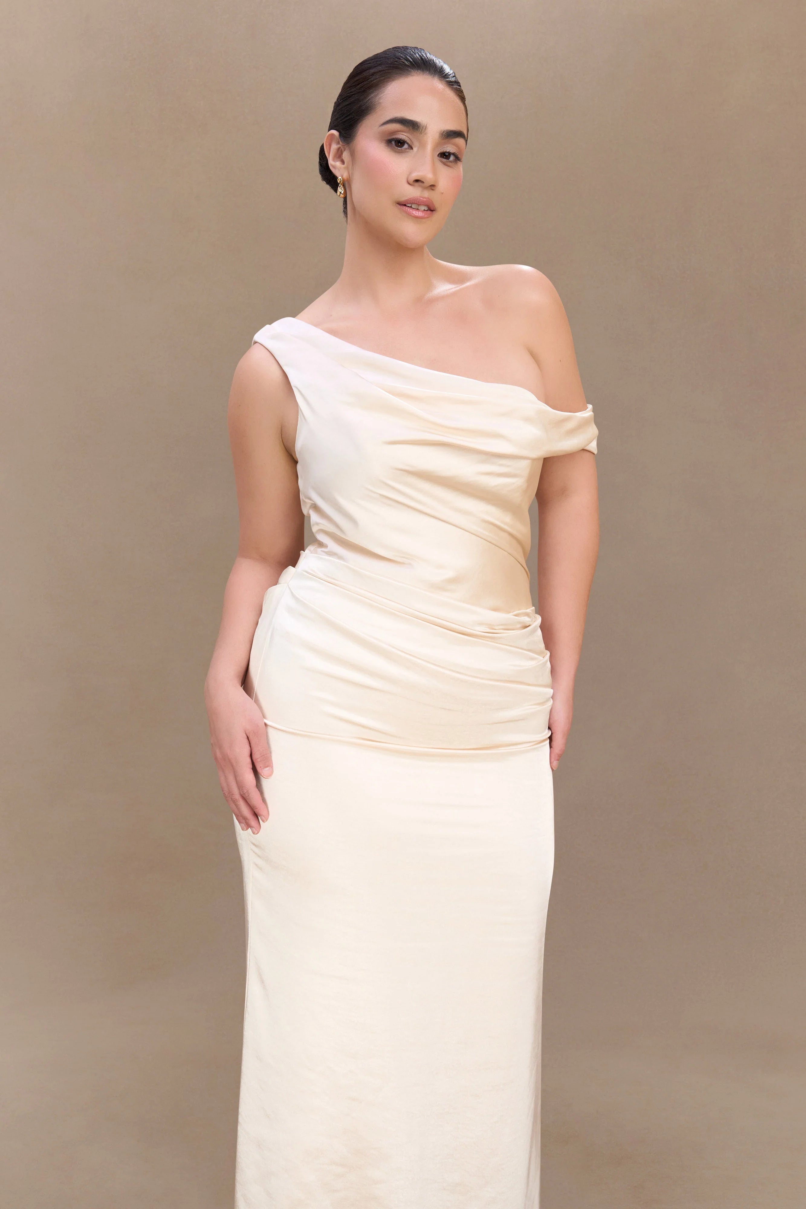 Dalia Off Shoulder Satin Maxi Dress Blush Gold