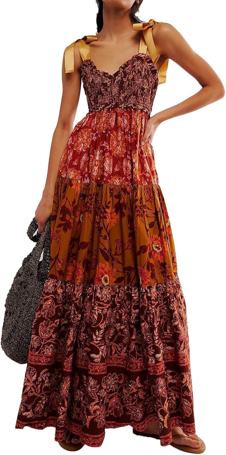 Women Floral Maxi Dress Tie Shoulder Patchwork Smocked Flowy Boho Dress with Pockets Summer Vacation Sundress