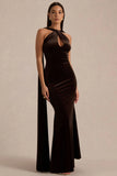 Layli Brown Velvet Halter Neck Maxi Dress With Cape