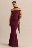 Iselle Burgundy Lace Bardot Neck Maxi Dress With Scarf Detail