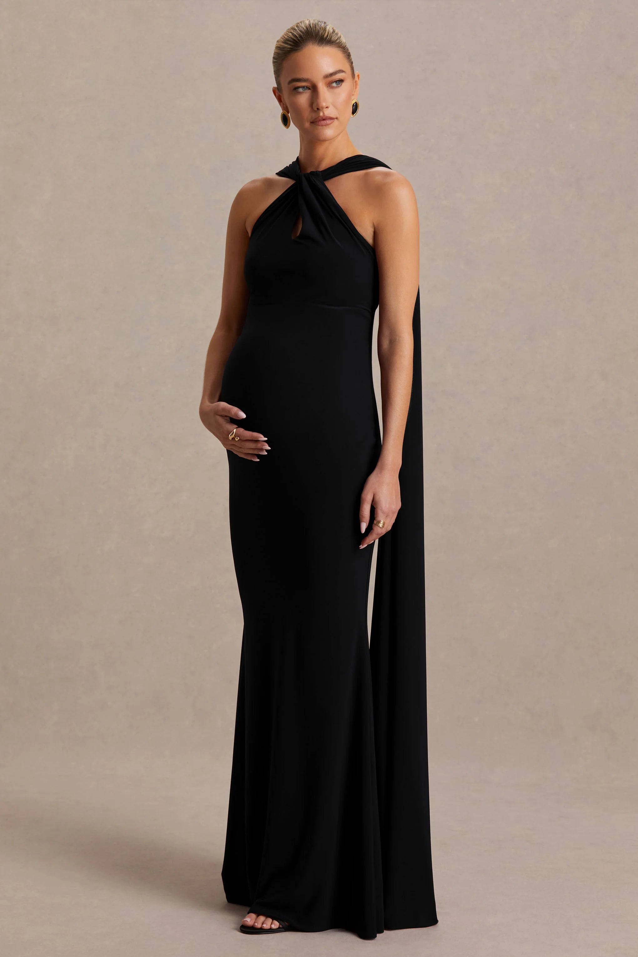 Lyra Black Cross Halter Neck Maternity Maxi Dress With Cape