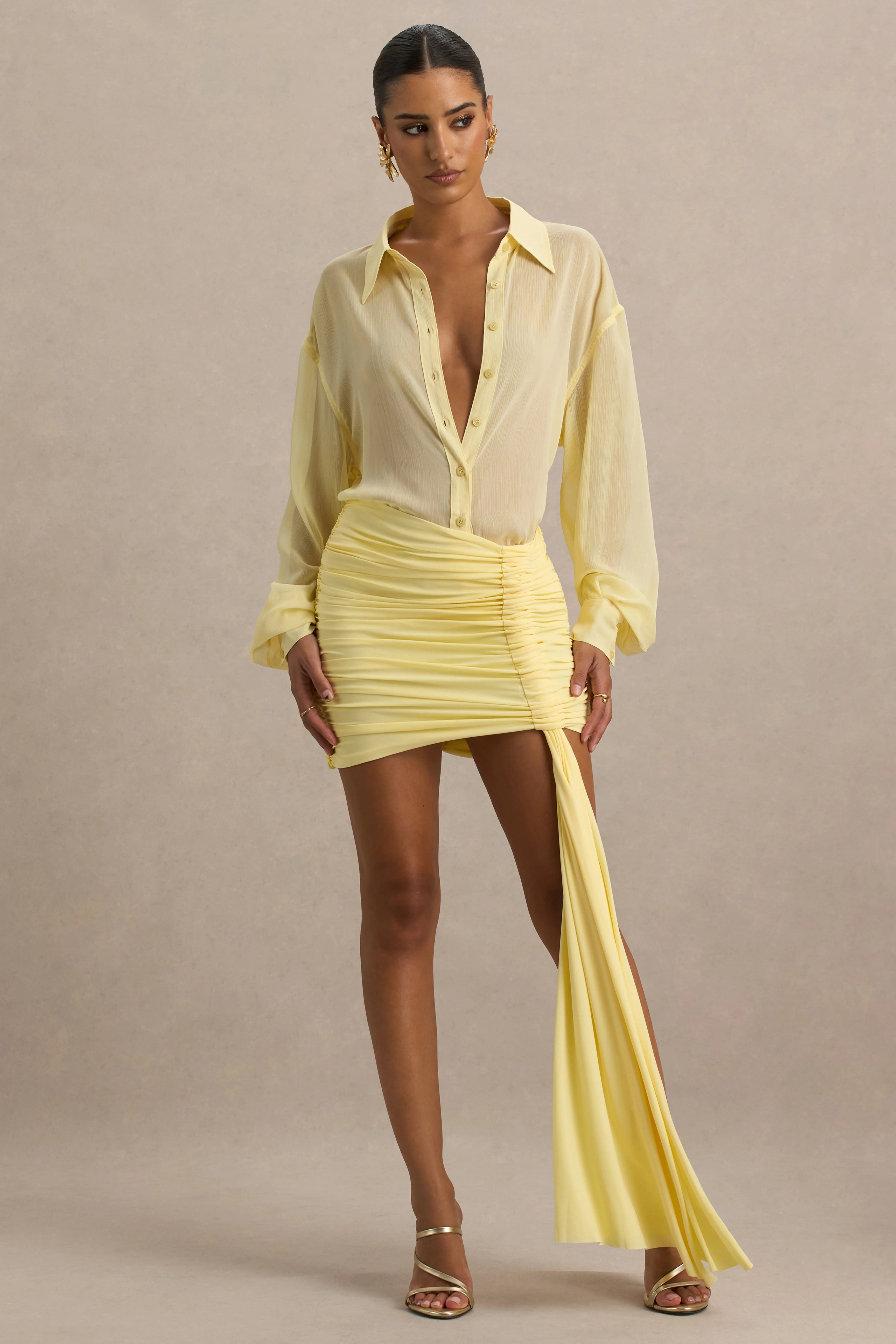 Katelyn Lemon Ruched Wrap Mini Skirt With Sash