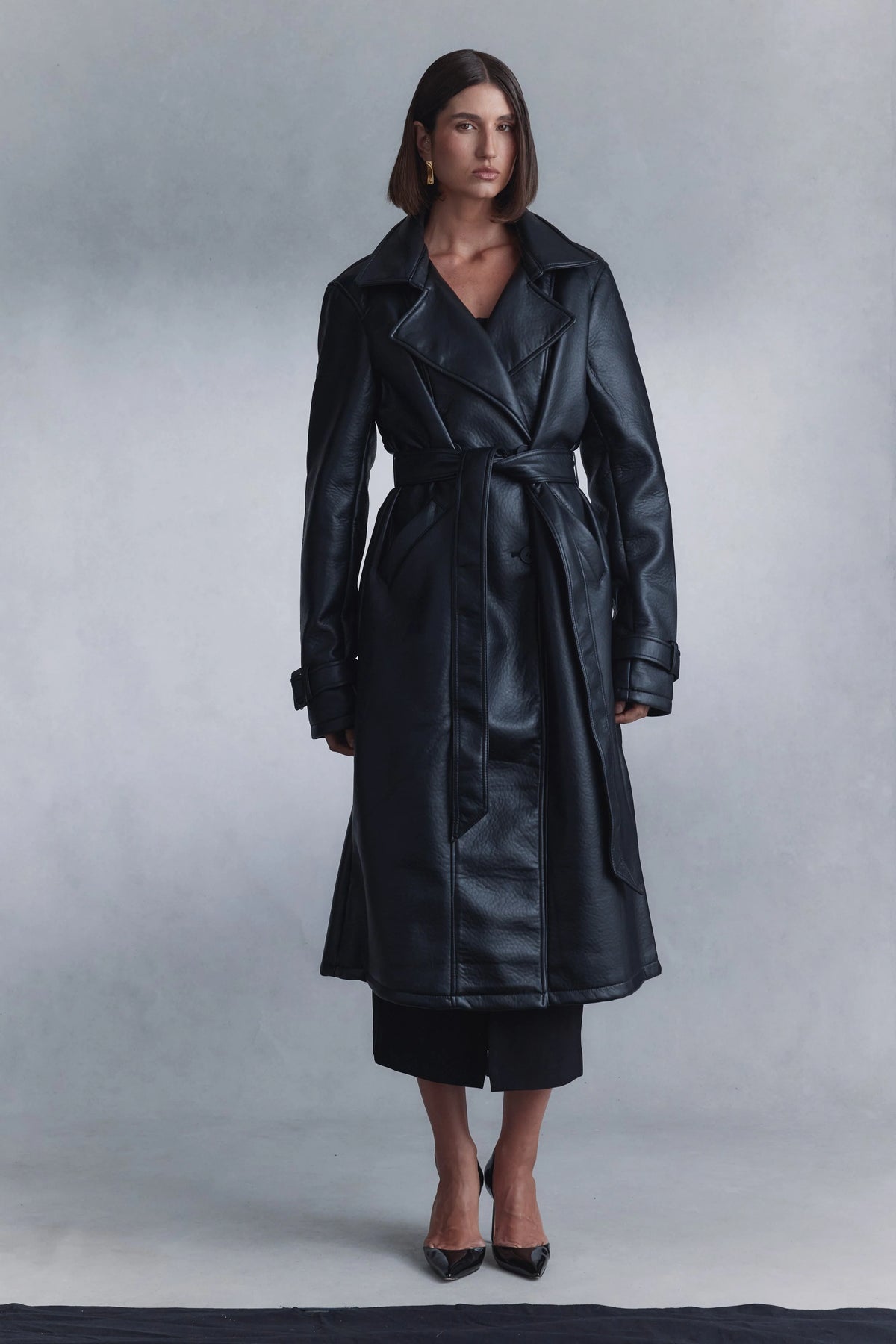 Tarah Faux Leather Trench Coat Black