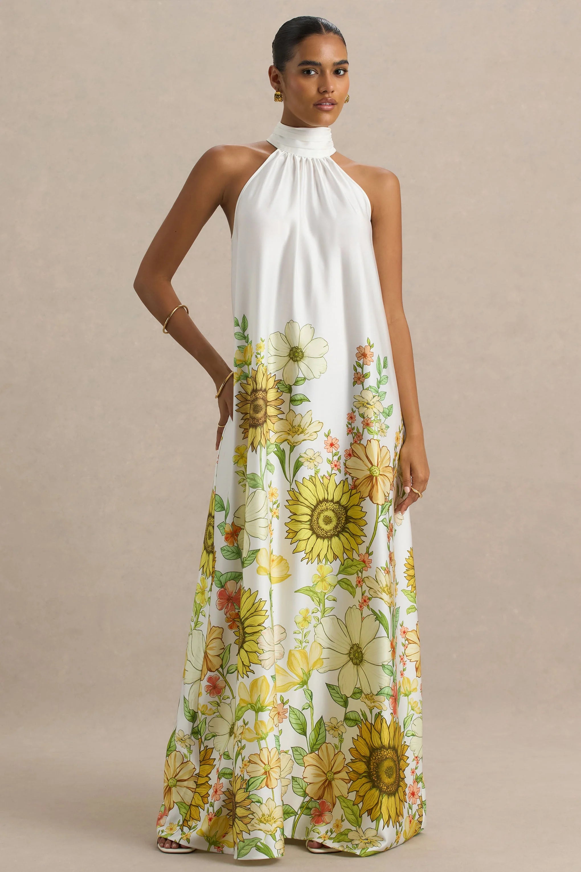 Glide Sunflower Print Satin High Neck Slip Maxi Dress