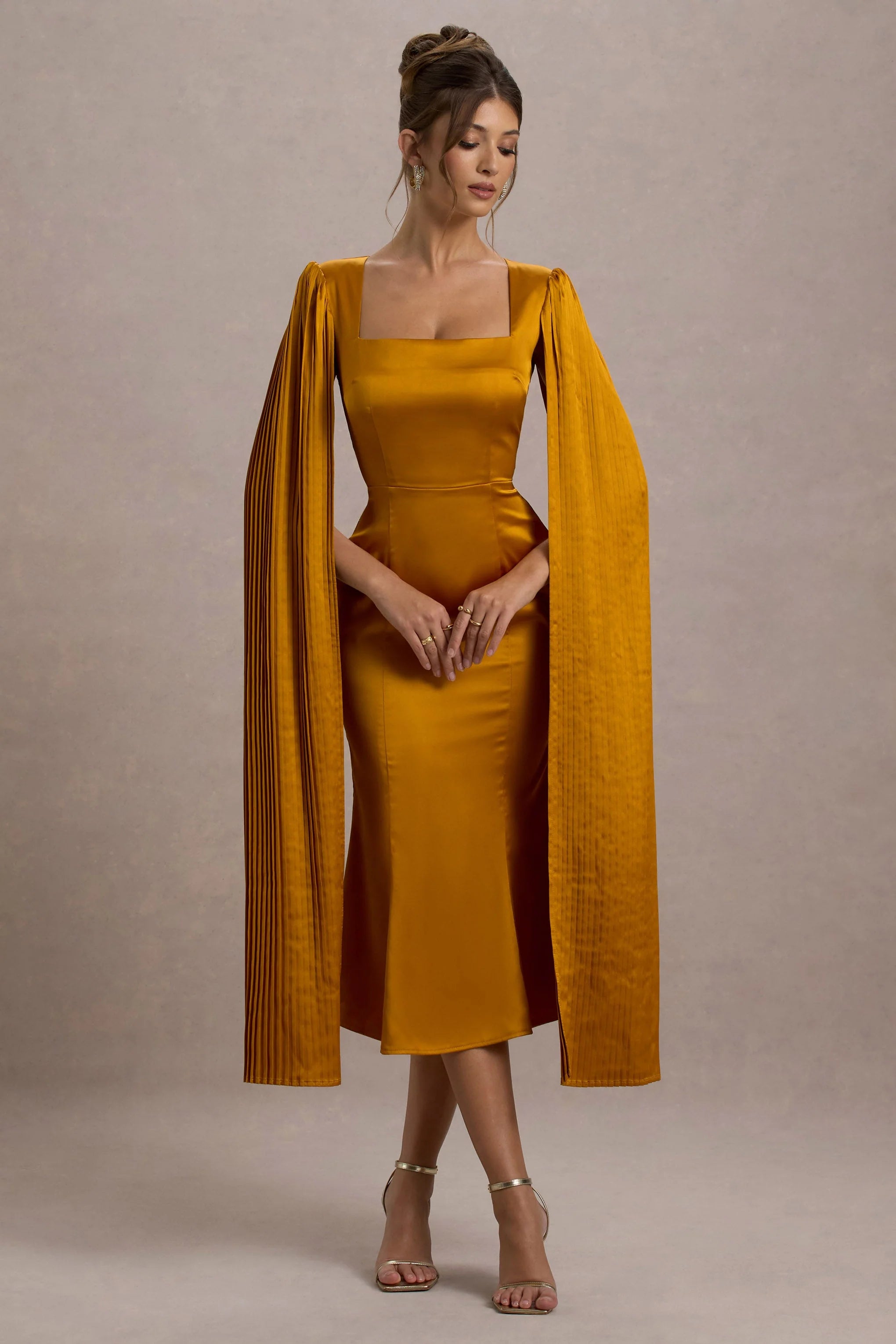 Nalda Mustard Square Neck Midi Dress With Cape Sleeves