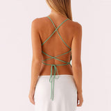 Women Sequin Beaded Cami Top V Neck Backless Criss Cross Straps Crop Tops Summer Going Out Clubwear