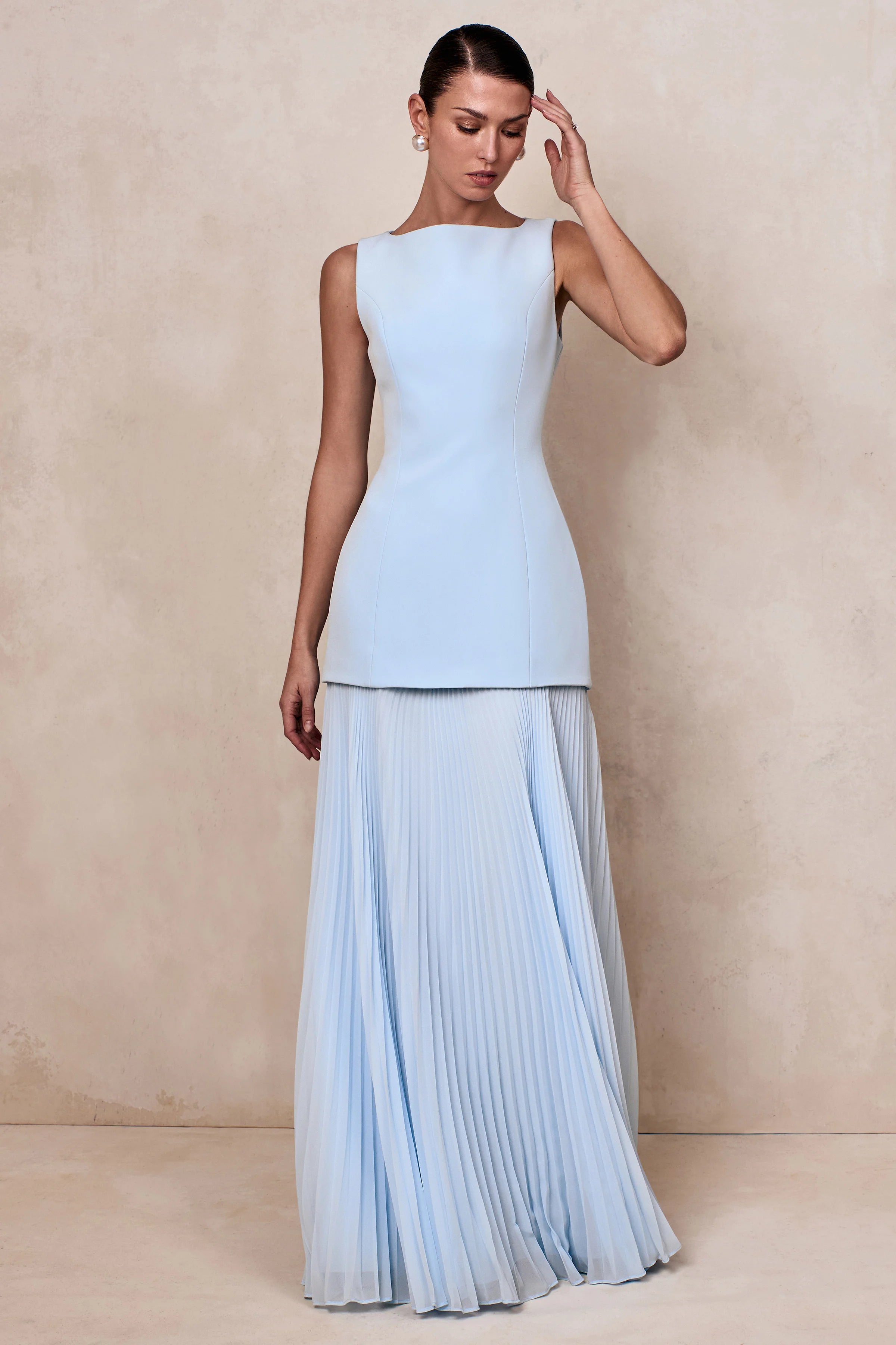 Hadley Powder Blue Boat Neck Maxi Dress With Drop Waist