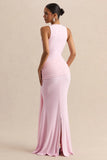 Mirene Light Pink Round Neck Maxi Dress With Gathered Detailing And Sash