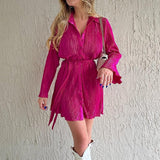 Women Shirt Dresses Long Sleeve Pleated Mini Dress Casual Button Down Tunic Tops with Belt Vintage Streetwear