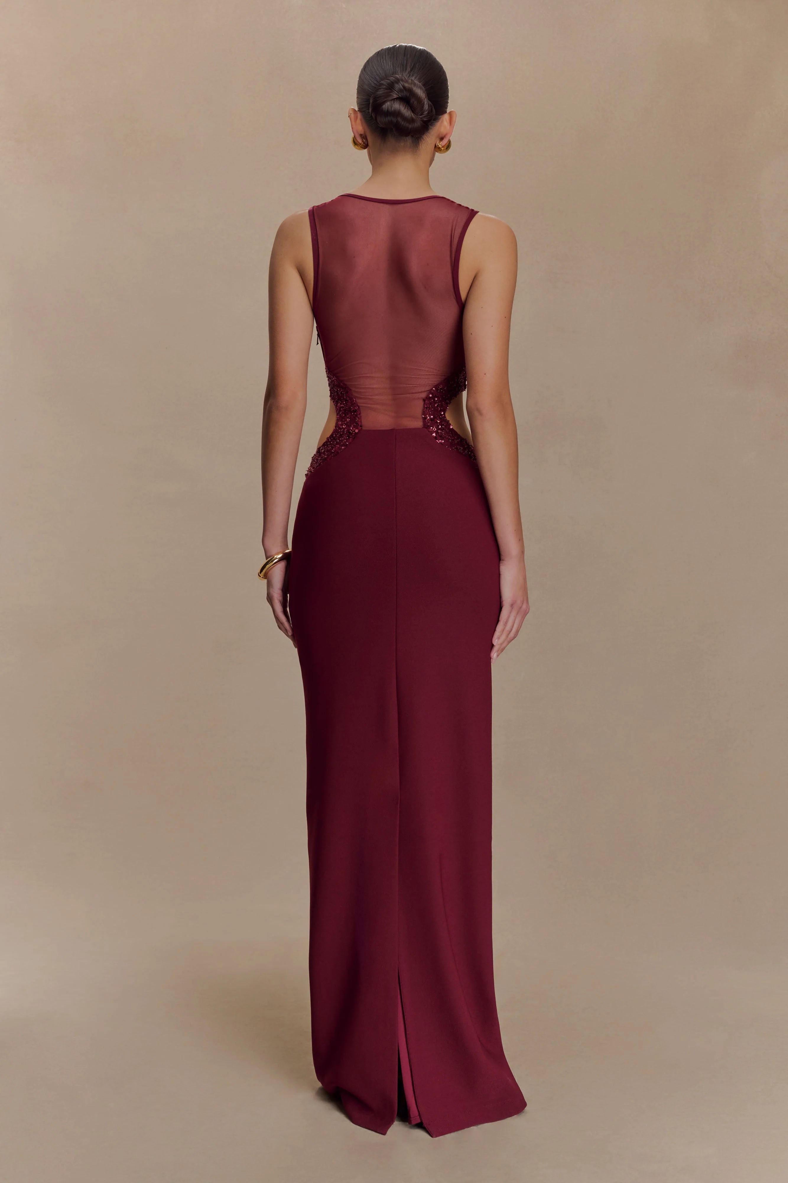 Angelique Beaded Crepe Maxi Dress Wine