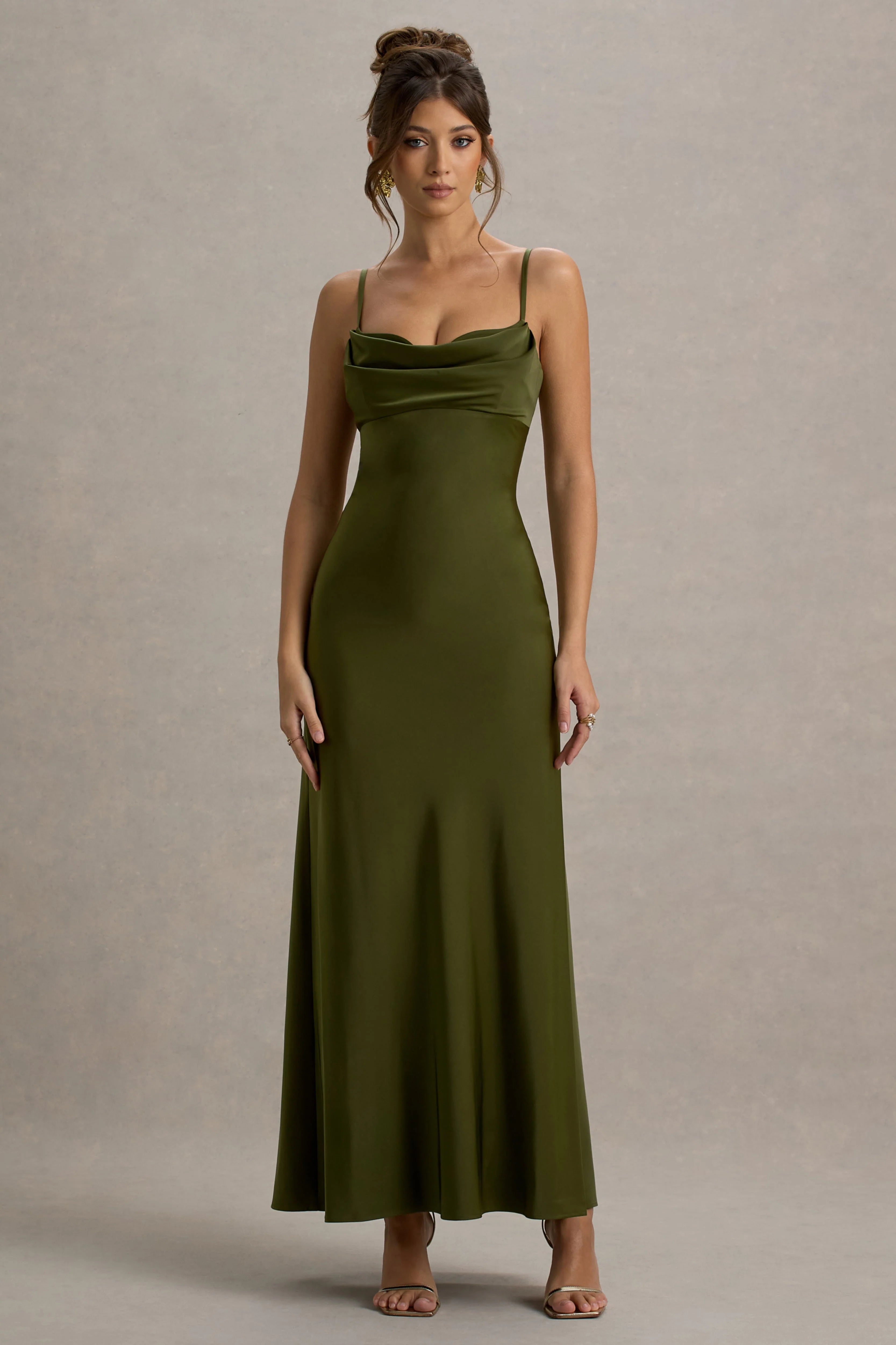 Eimear Olive Green Satin Draped Sweetheart Maxi Dress