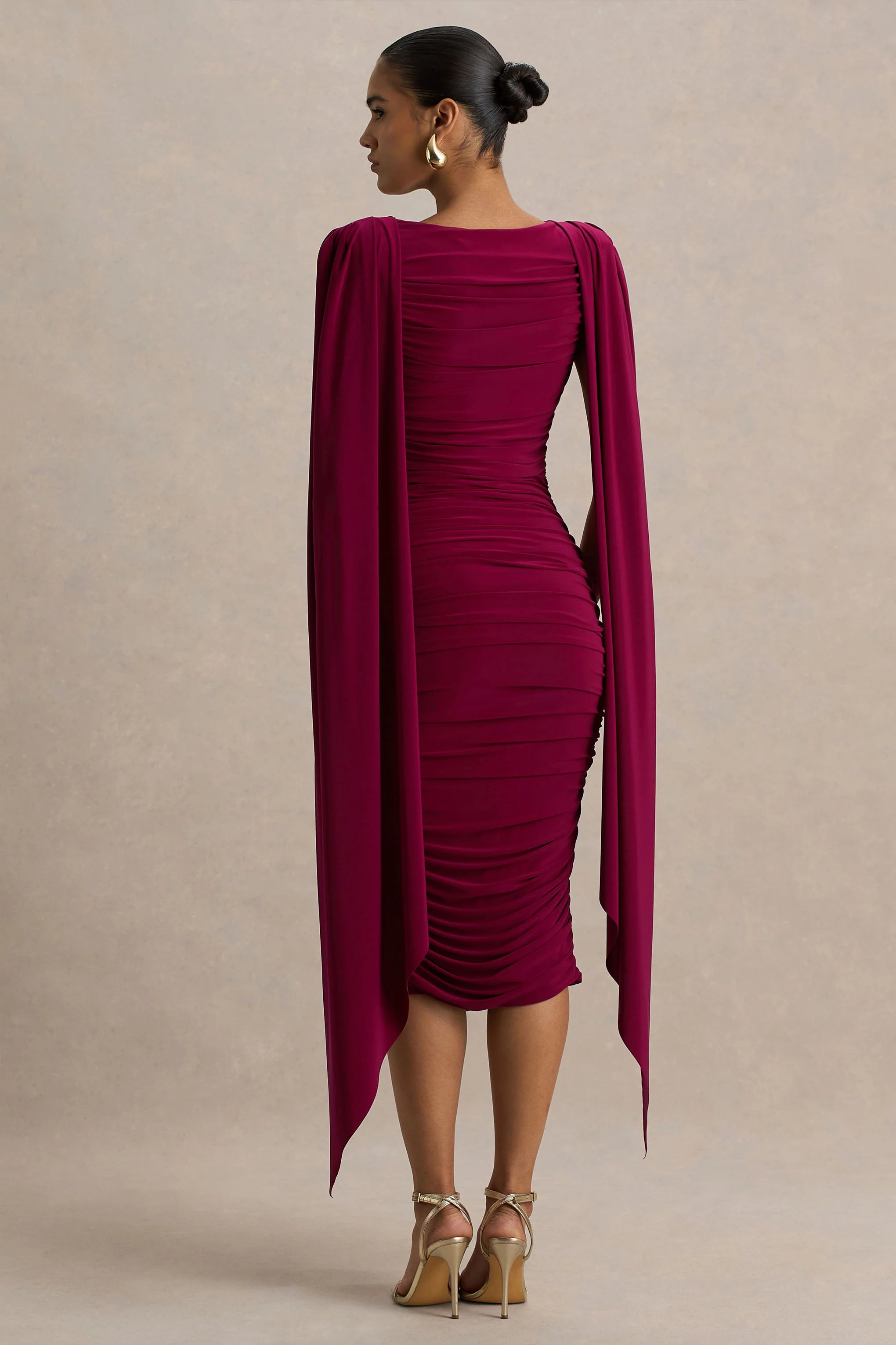 Wanderer Burgundy Crew Neck Midi Dress With Draped and Ruched Detailing