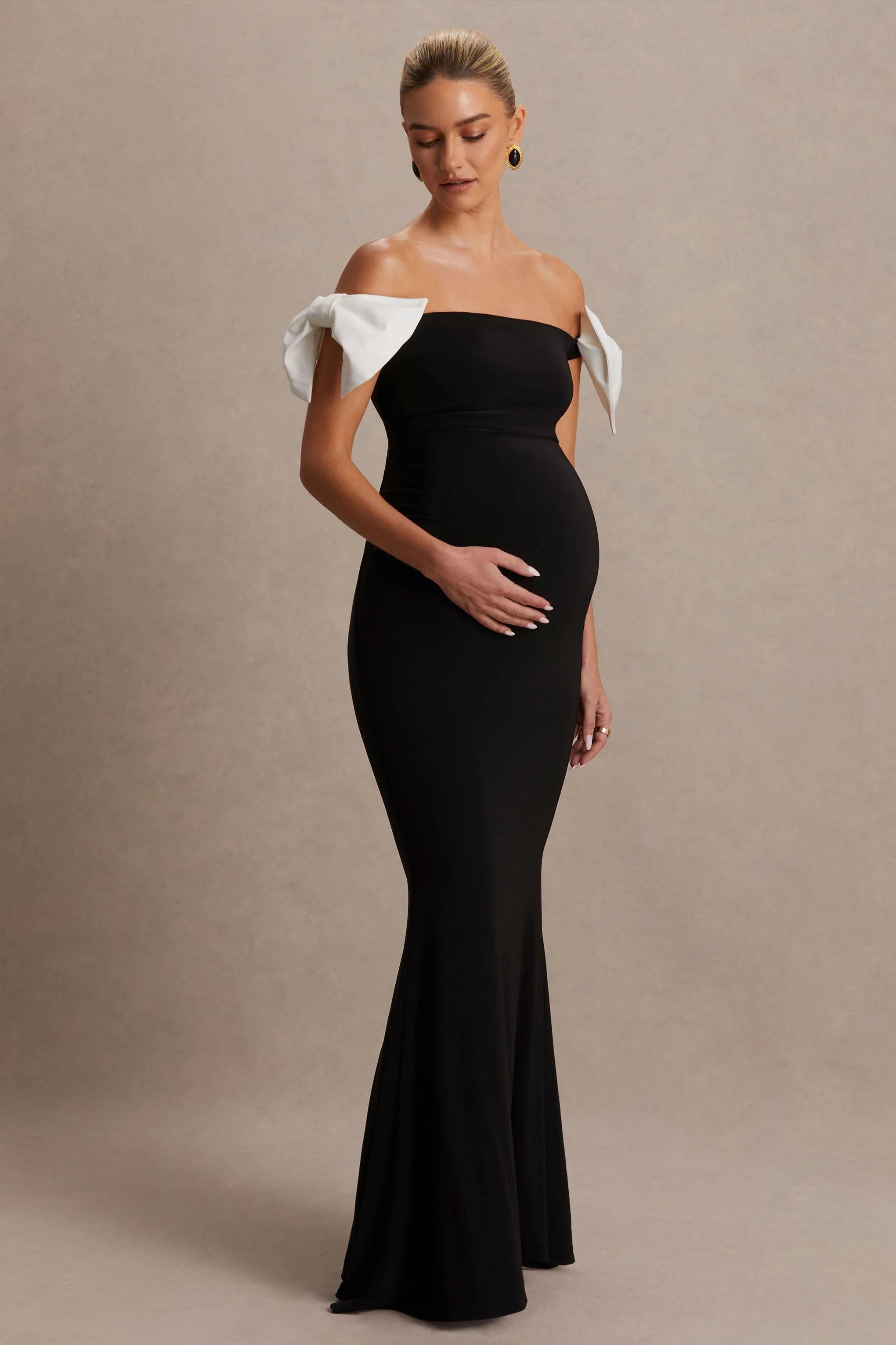 Didi Black White Bardot Bow Detail Maternity Maxi Dress