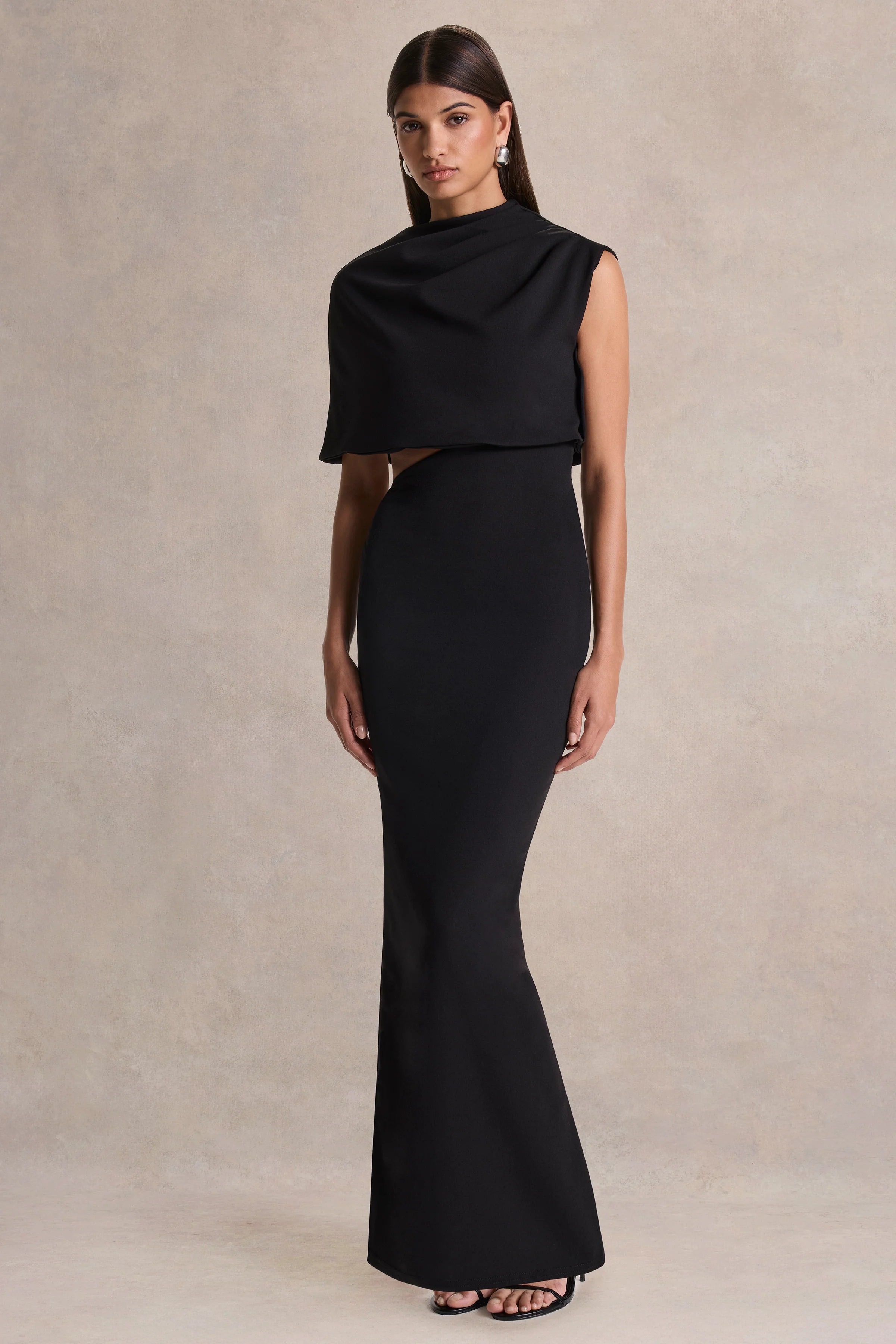 Roseth Black High Neck Maxi Dress With Removable Cape