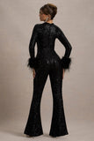 Asteroid Black Sequin Long Sleeve Jumpsuit With Feather Cuffs