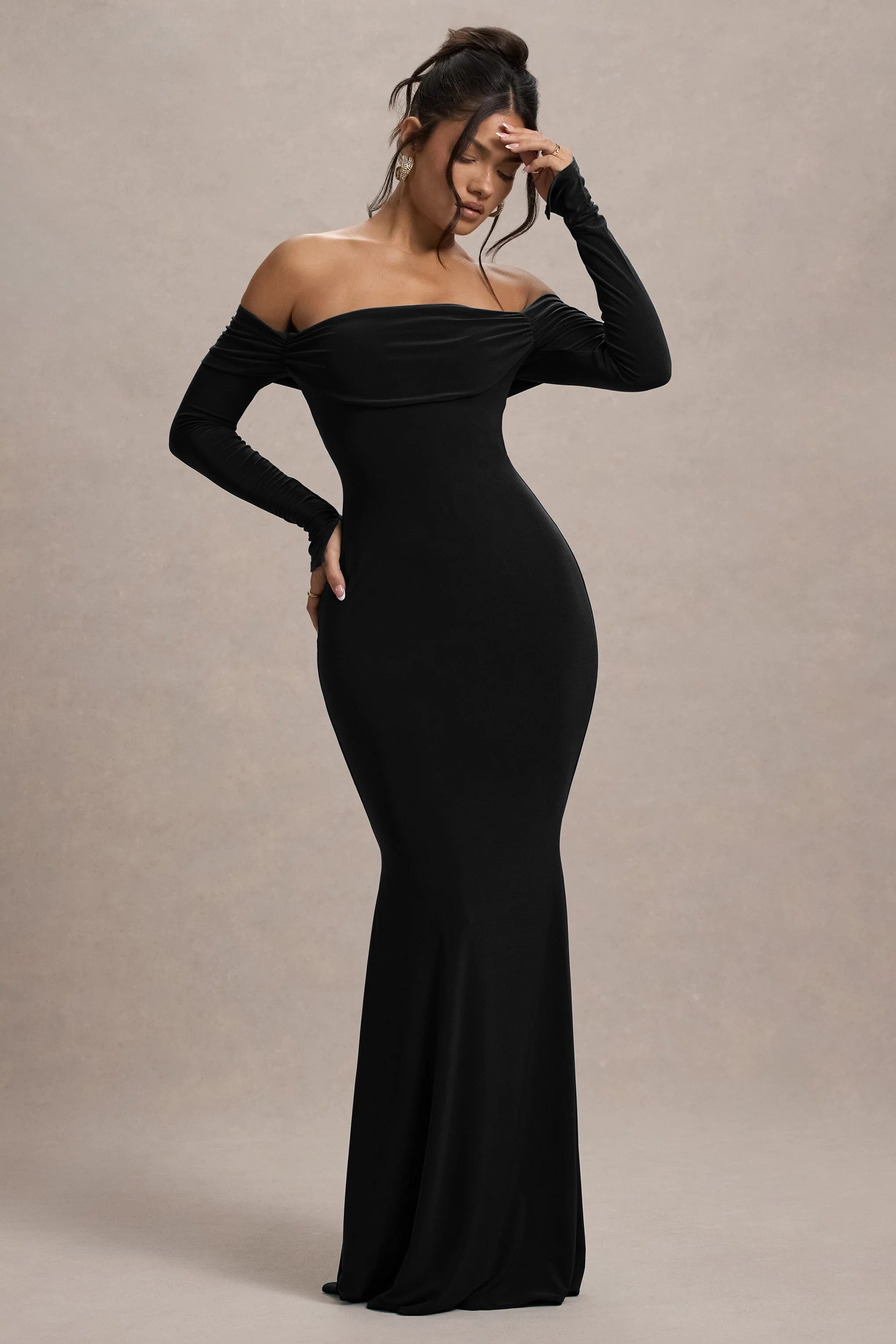 Amaia Black Bardot Long Sleeve Maxi Dress