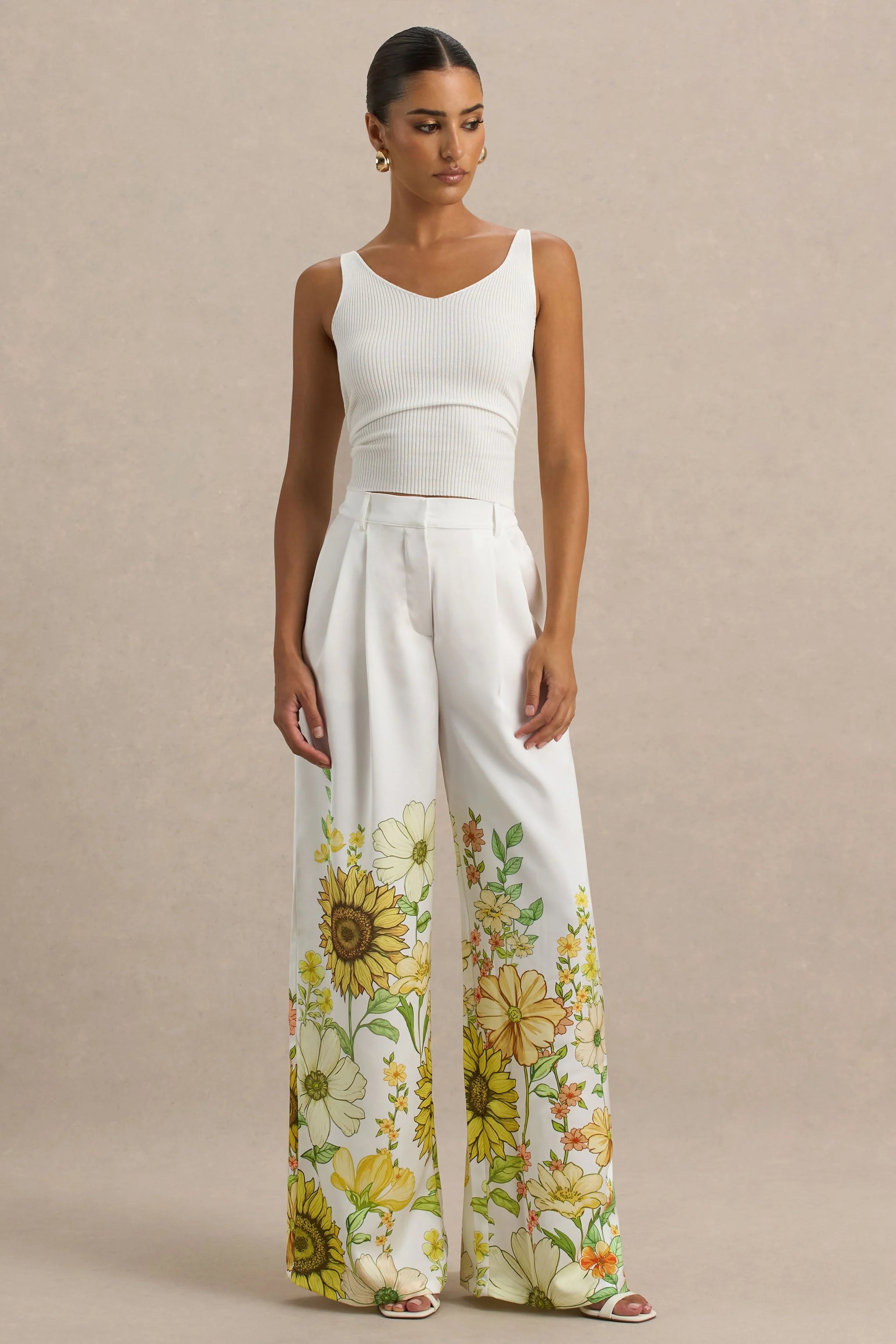 Louise Sunflower Print Wide Leg Trousers