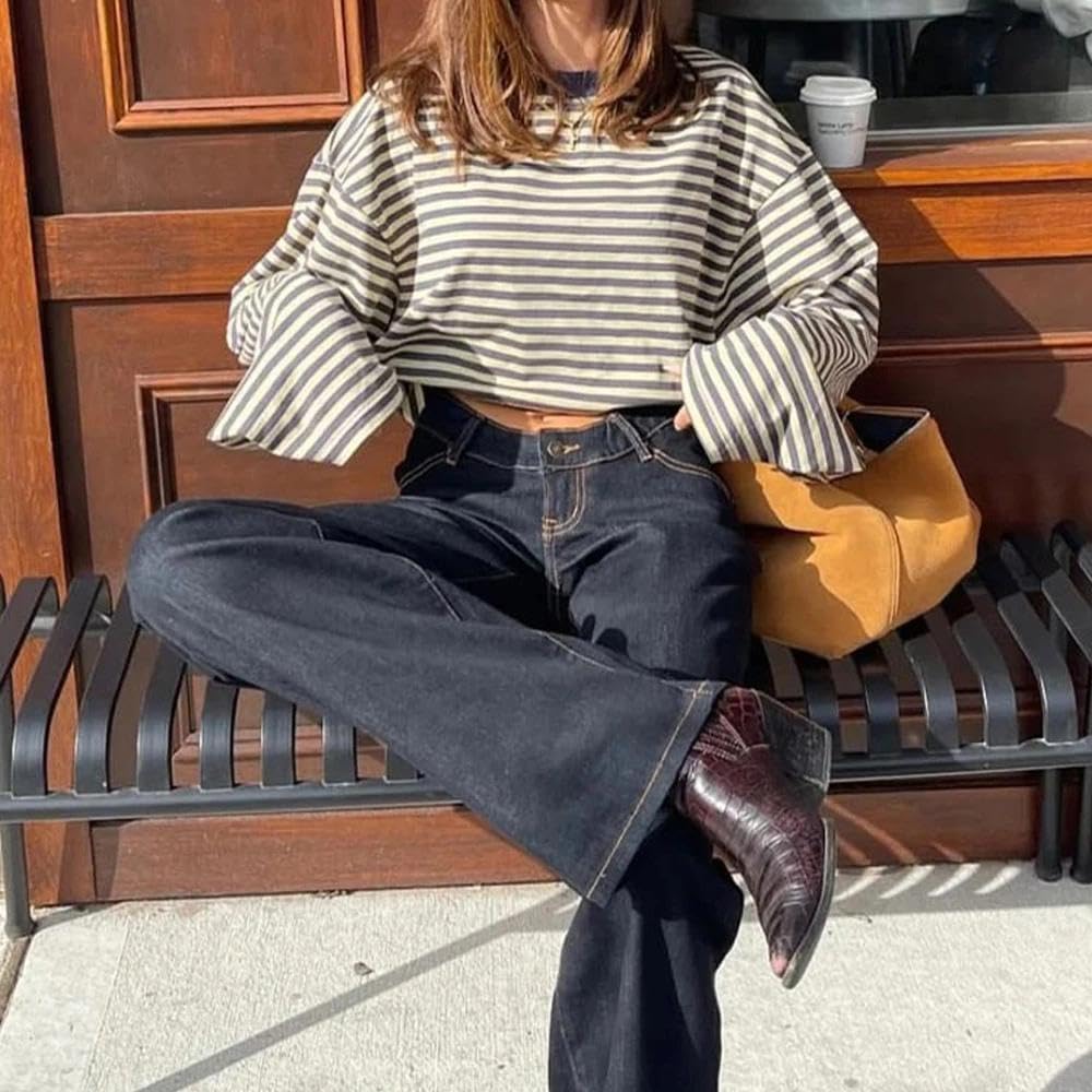 Women Striped Long Sleeve Shirt Crewneck Cropped Pullover Top Fall Winter Vintage Sweatshirt Streetwear
