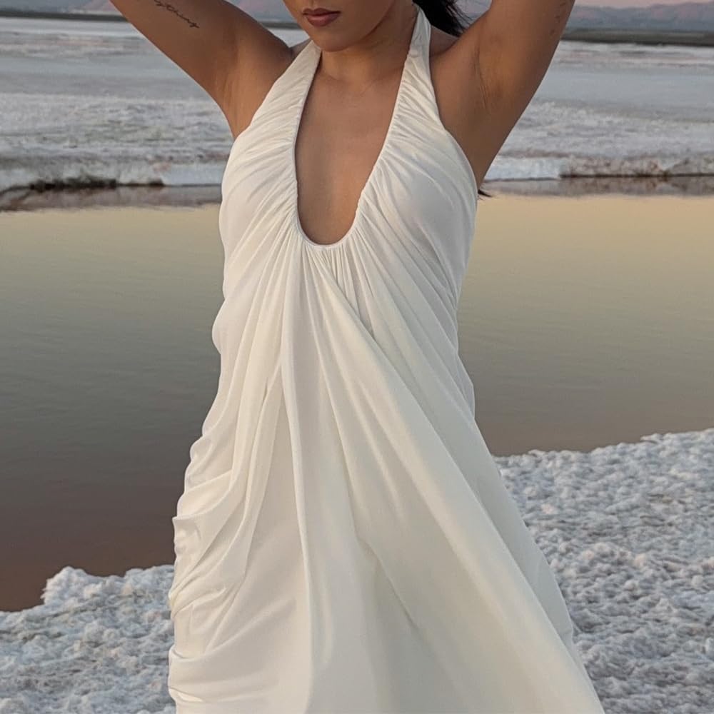 Women White Dress Halter Deep V Neck Cascade Drape Floor Length Gown Wedding Guest Beach Vacation