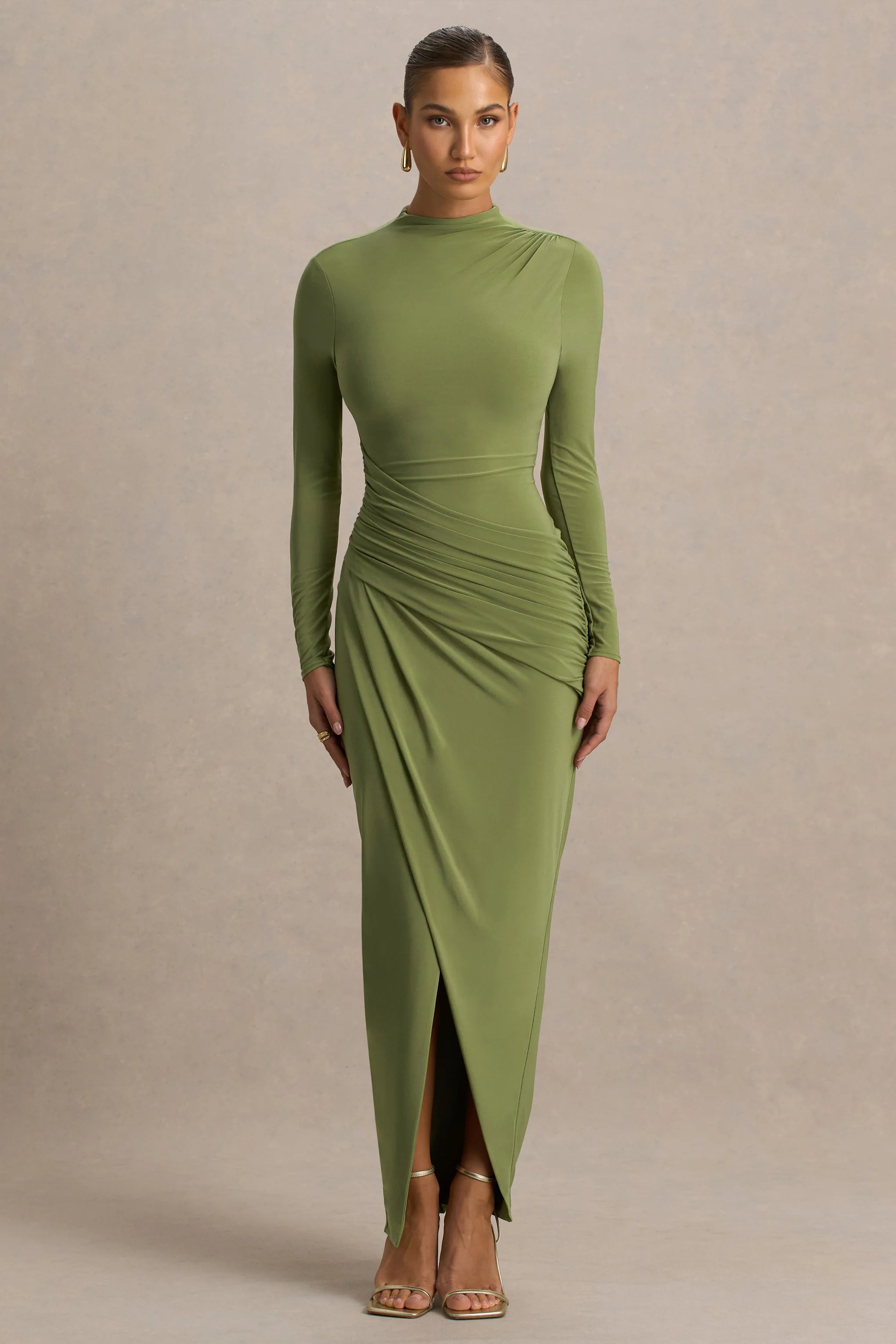 Zephyra Olive High Neck Wrapped Maxi Dress