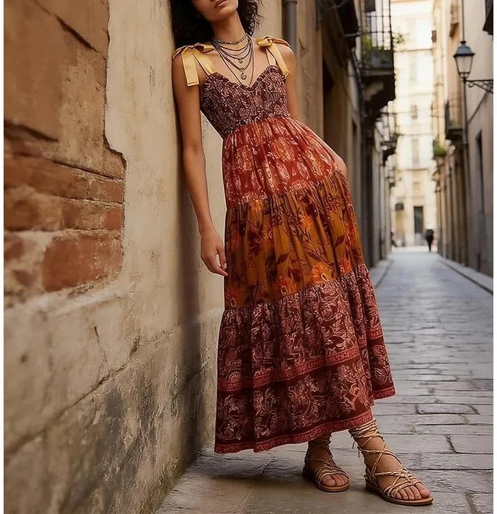 Women Floral Maxi Dress Tie Shoulder Patchwork Smocked Flowy Boho Dress with Pockets Summer Vacation Sundress