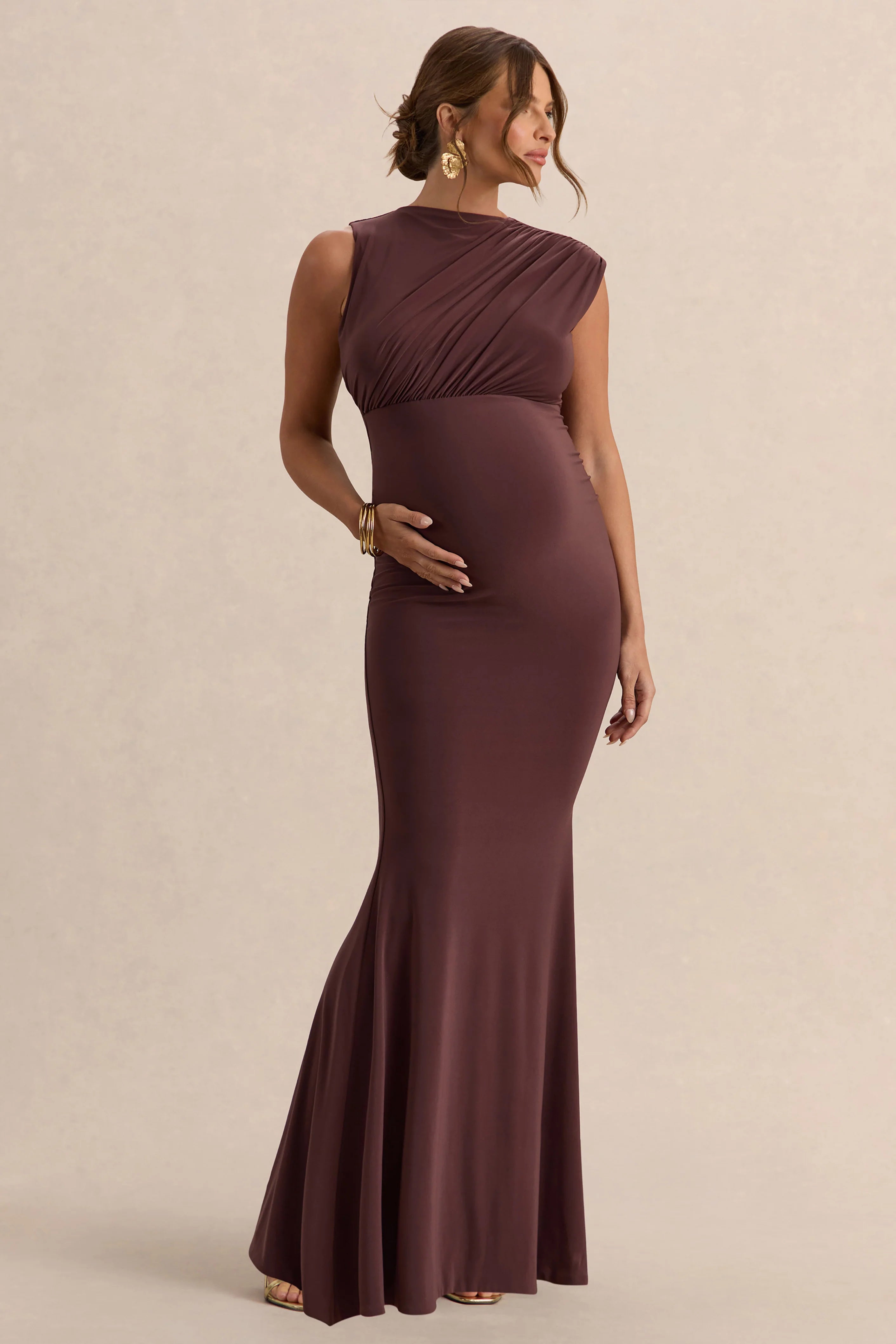 Osanna Dark Brown Wide Neck Maternity Maxi Dress With Ruched Detailing
