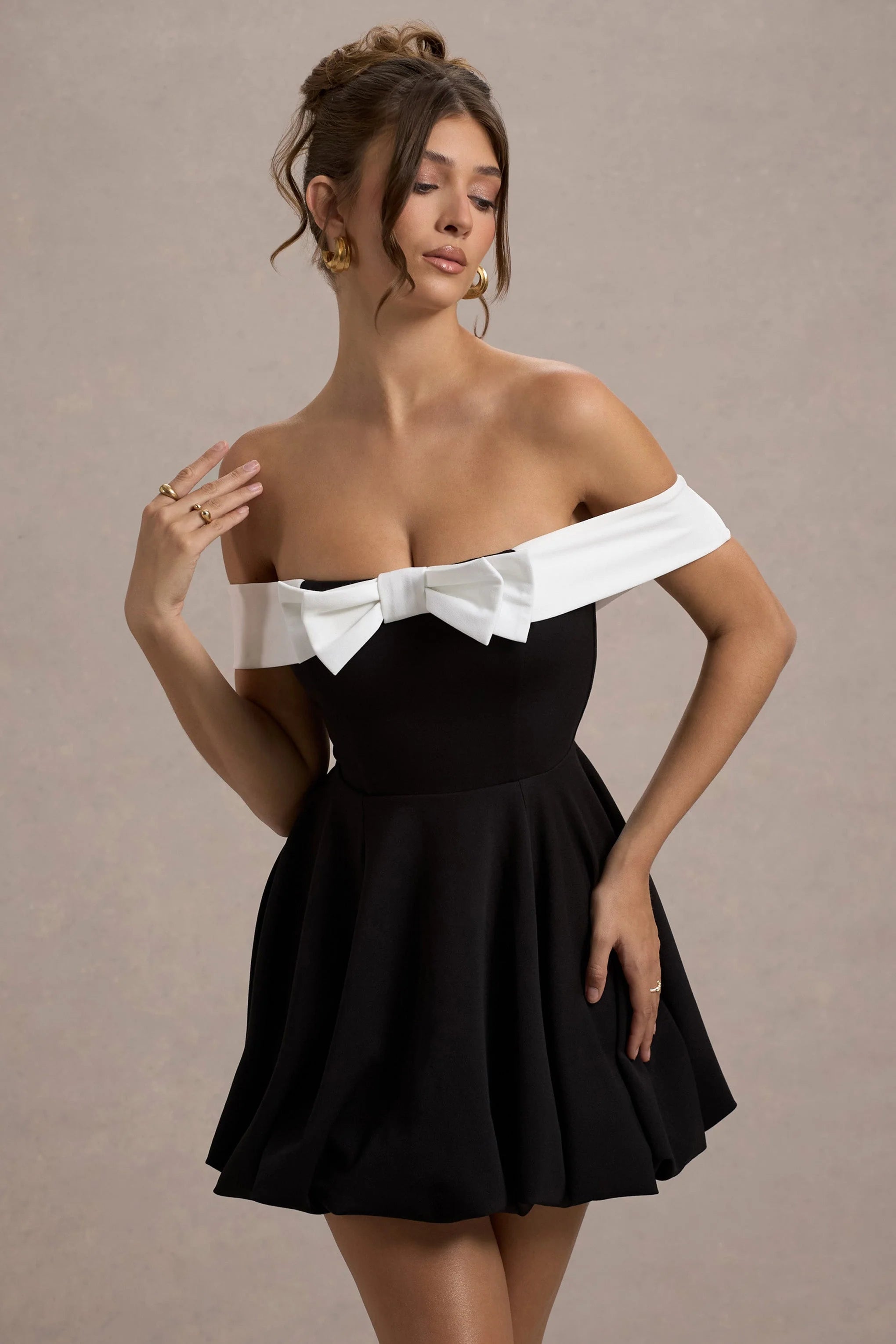 Minimoiselle Black White Bow Bardot Mini Dress With Puff Ball Skirt