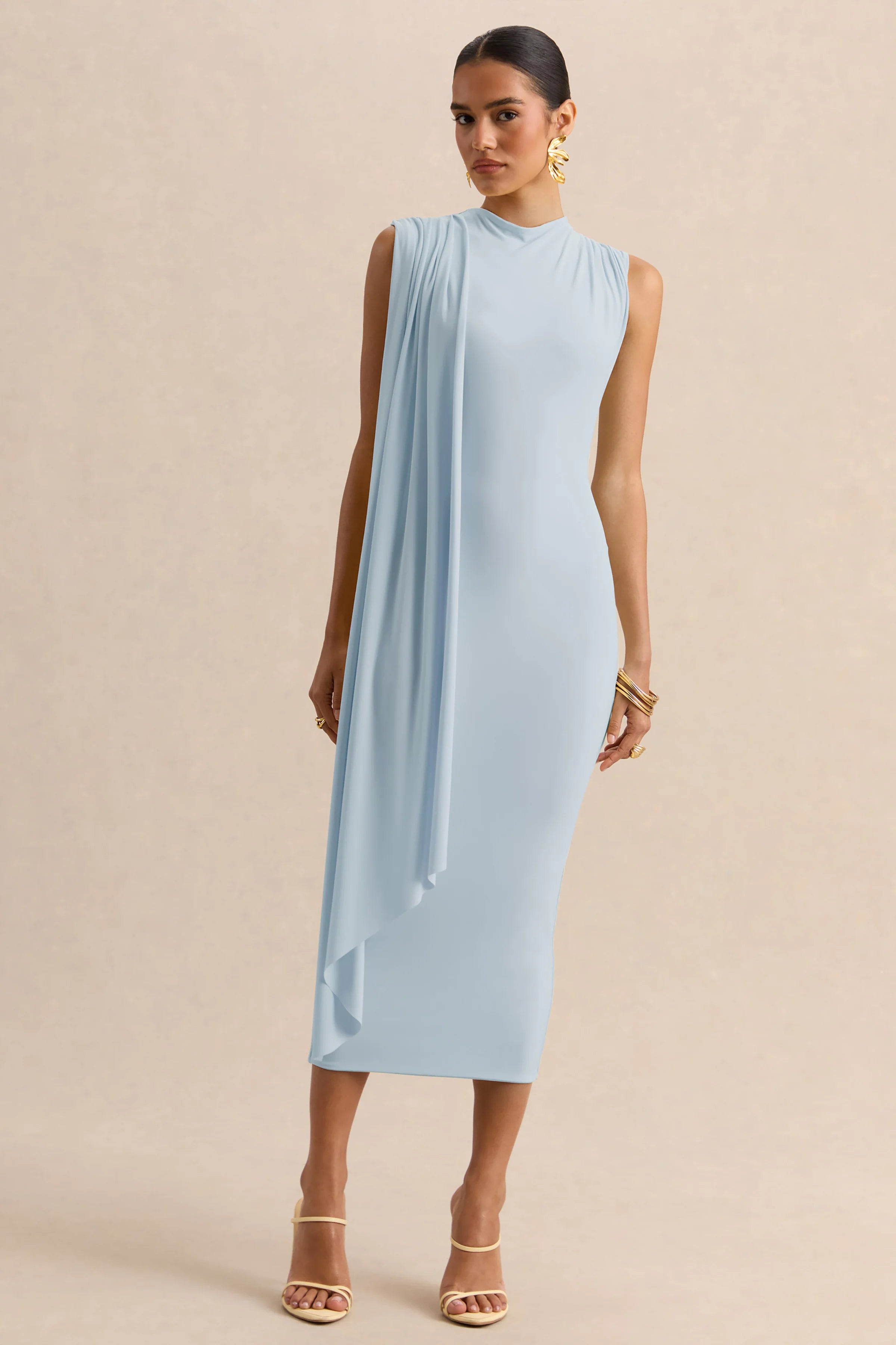 Oleandra Light Blue High Neck Midi Dress With Draped Detail