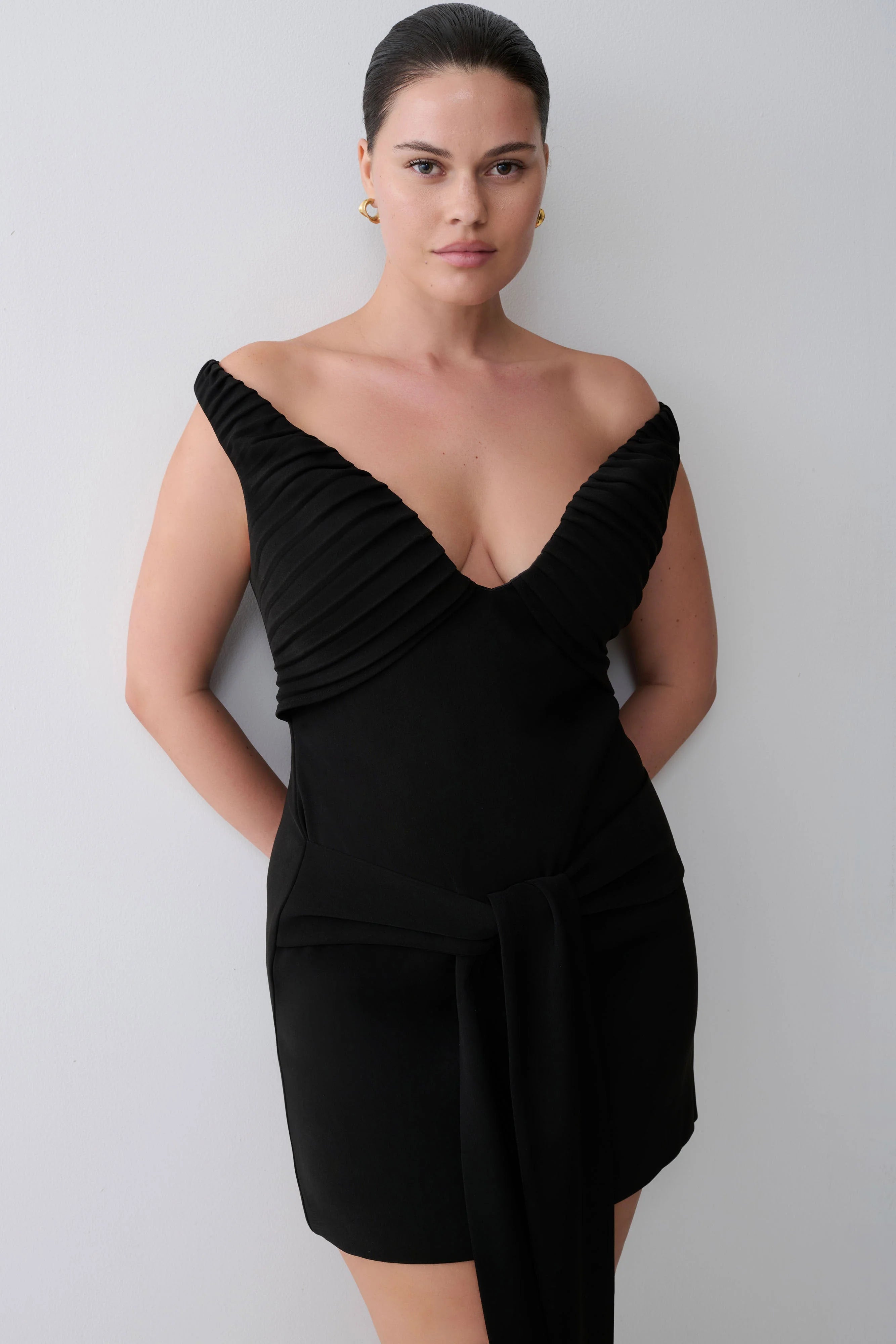 Runa Off Shoulder Mini Dress With Waist Tie Black