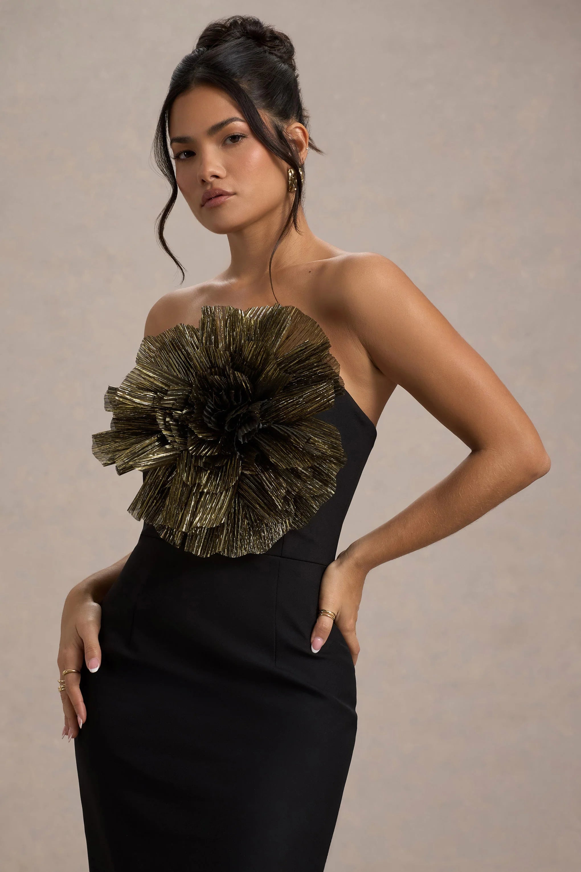 Moya Black Gold Bodycon Midi Dress With Corsage Detail