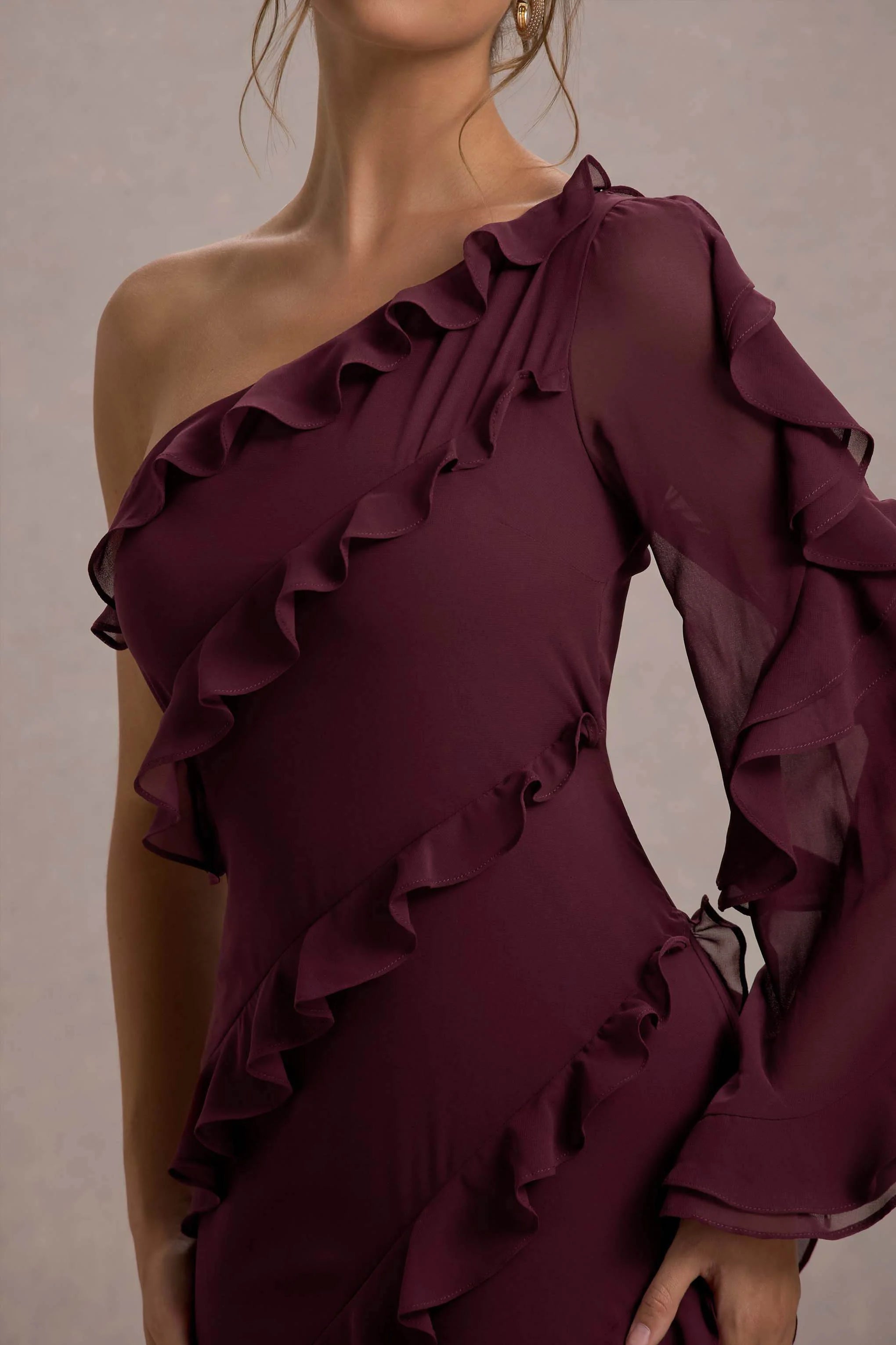 Lalika Burgundy Asymmetric One Sleeve Ruffle Maxi Dress