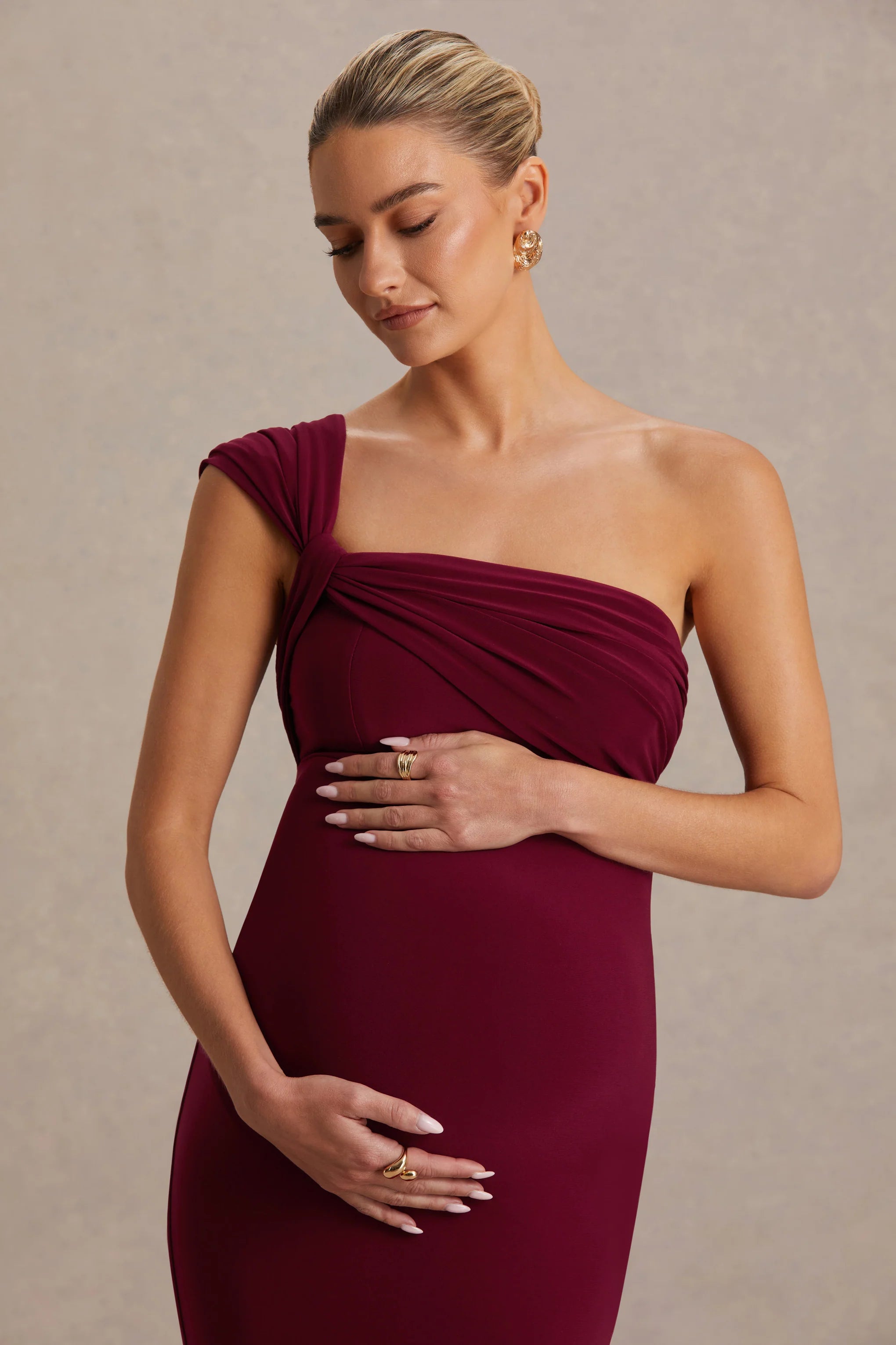 Mila Burgundy Asymmetric Neck Maternity Maxi Dress