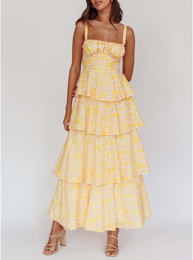 Women Floral Maxi Dress Sleeveless Bow Back Tiered Boho Flowy Long Dresses Summer Fall