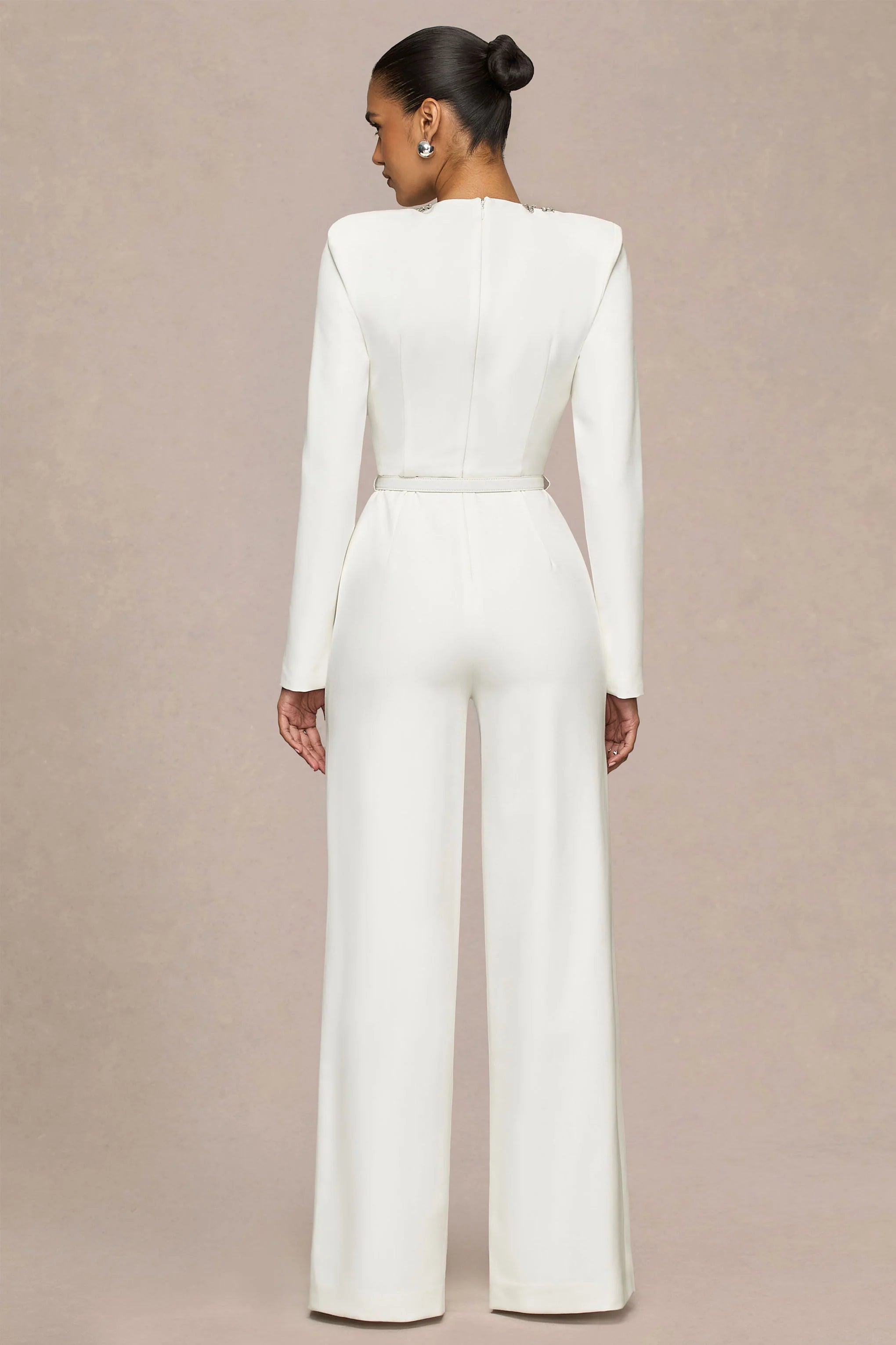 Prize Cream Crew Neck Jumpsuit With Embellishment Detail