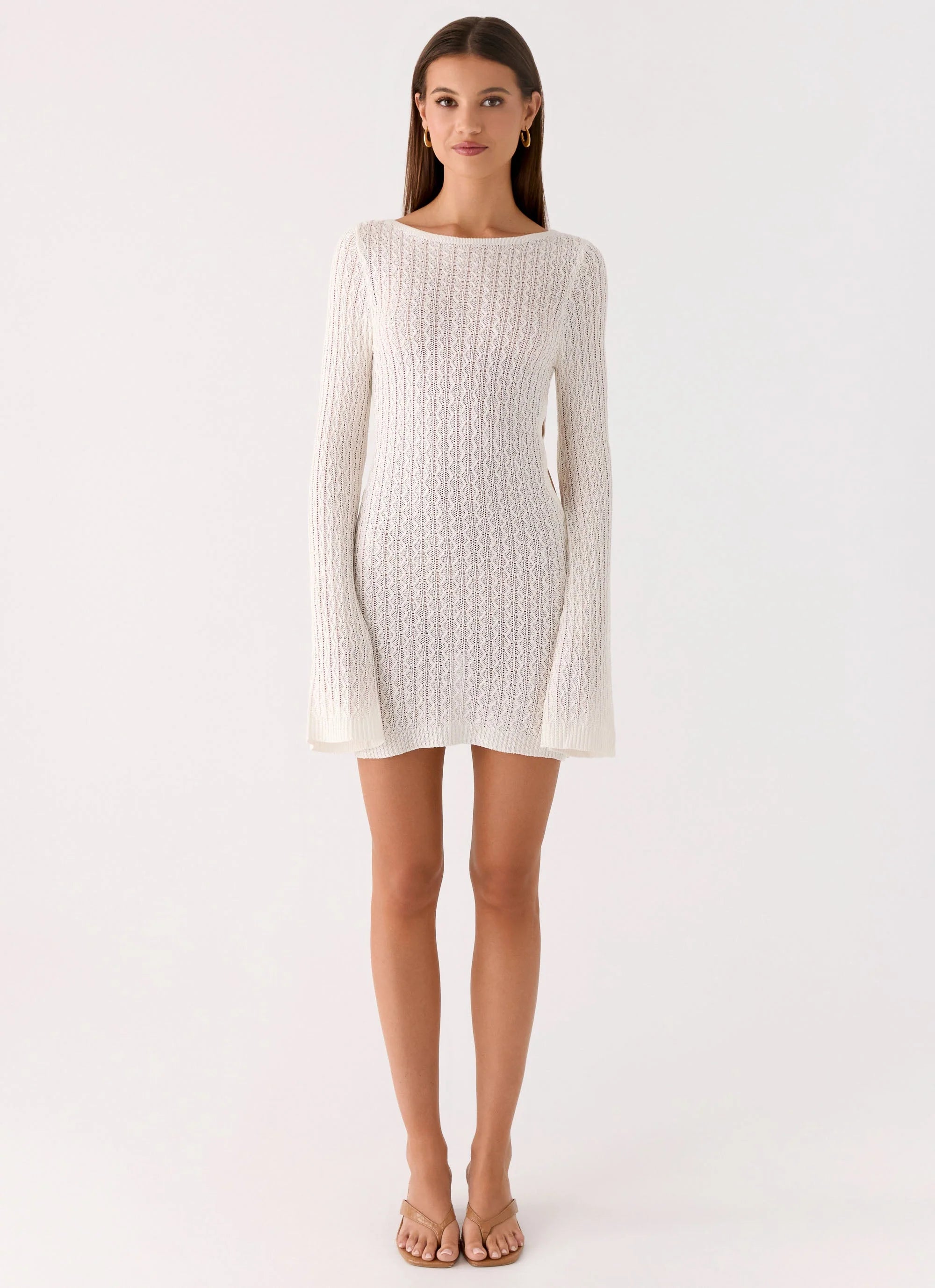 Zenzi Long Sleeve Crochet Mini Dress White