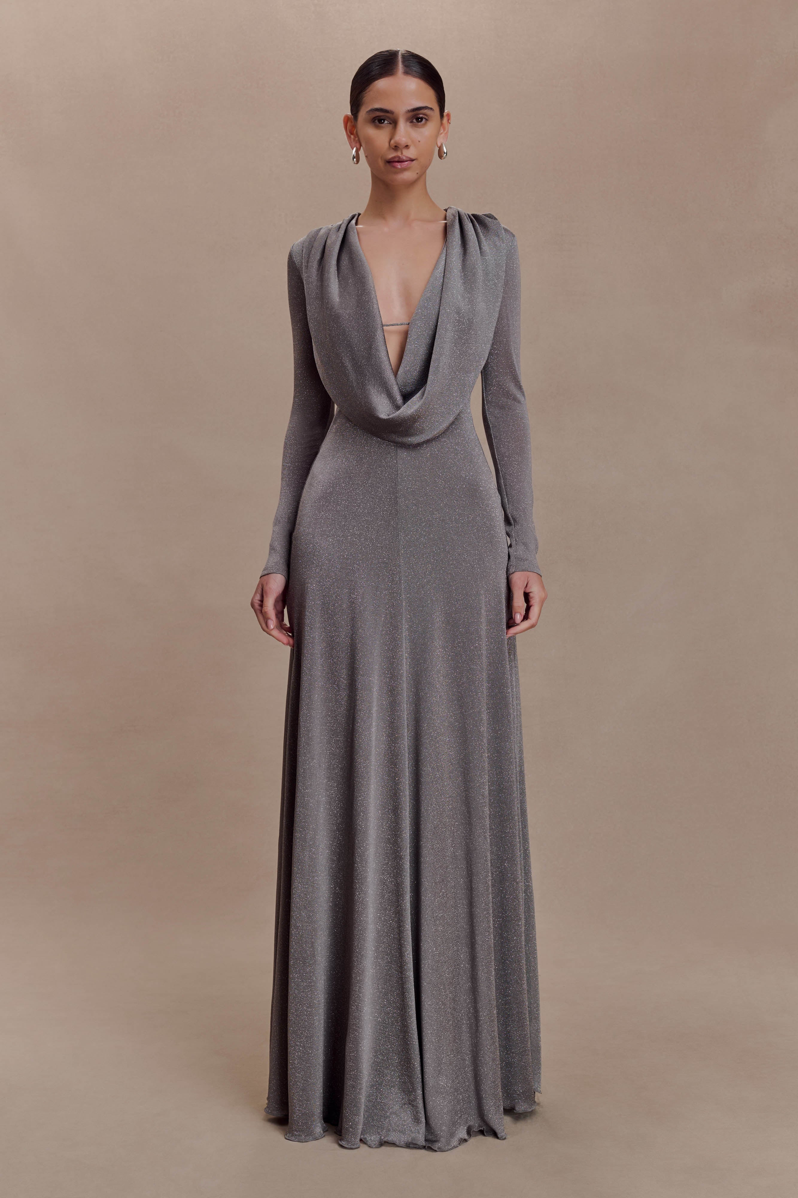 Scarlet Lurex Cowl Maxi Dress Silver