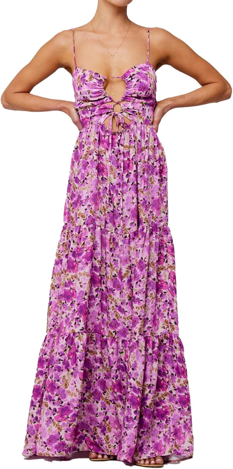 Women Floral Maxi Dress Tie Front Cut Out Backless Boho Spaghetti Strap Summer Beach Sundress