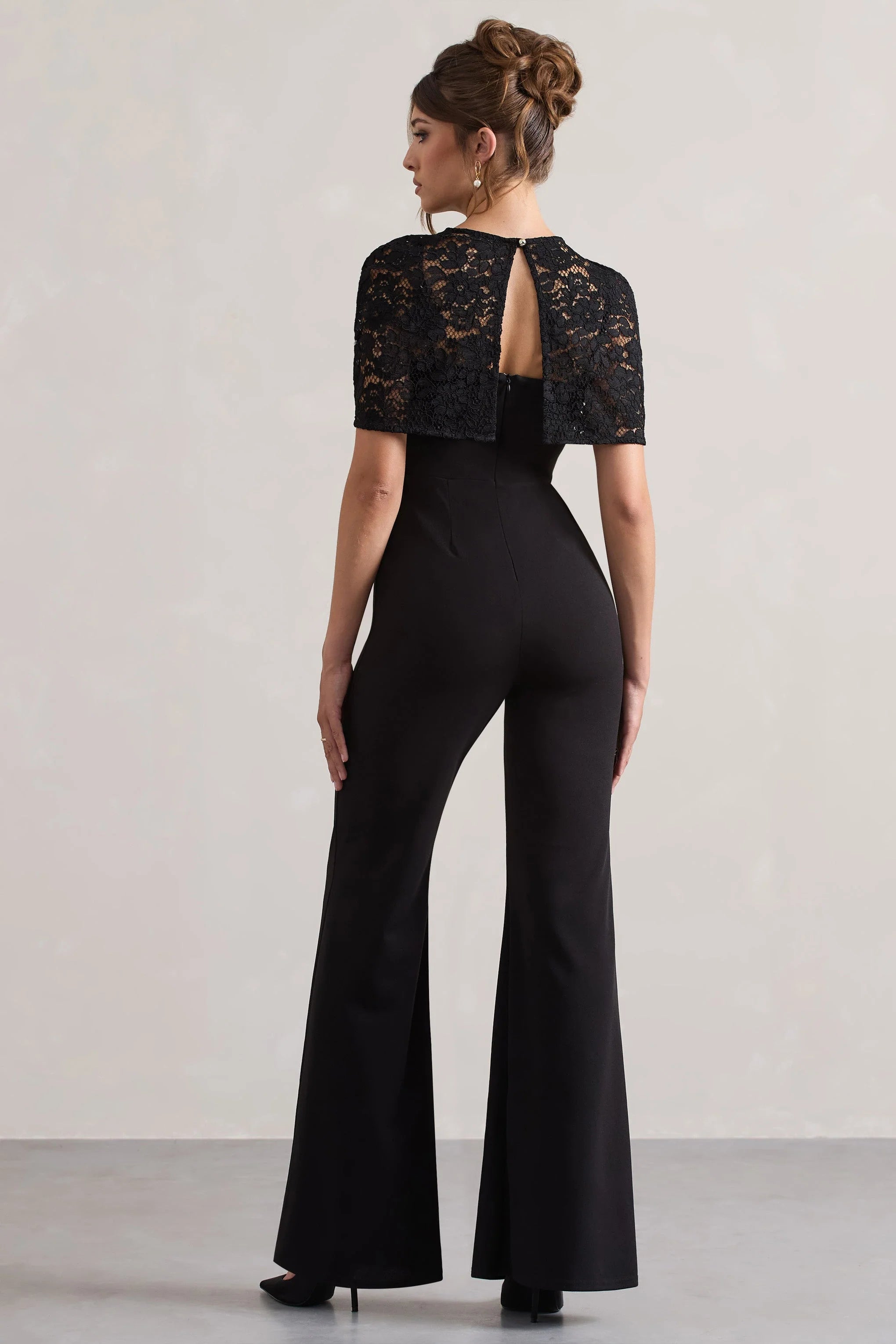 Endless Black Flared Leg Jumpsuit With Lace Overlay