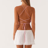 Women Sequin Beaded Cami Top V Neck Backless Criss Cross Straps Crop Tops Summer Going Out Clubwear