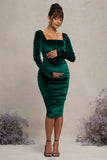 New Life Bottle Green Velvet Maternity Square Neck Ruched Midi Dress