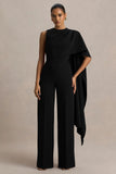 Sorenia Black High Neck Jumpsuit With One Cape Sleeve
