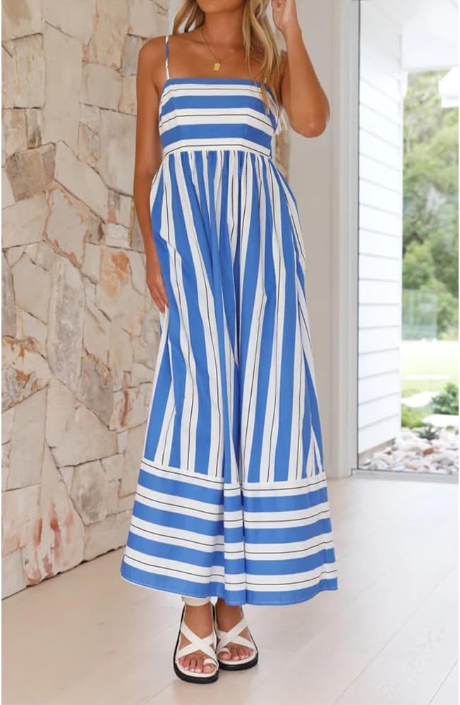 Women Striped Maxi Dress Sleeveless Backless Cutout Smocked Sundress Spaghetti Straps Boho Flowy Dresses