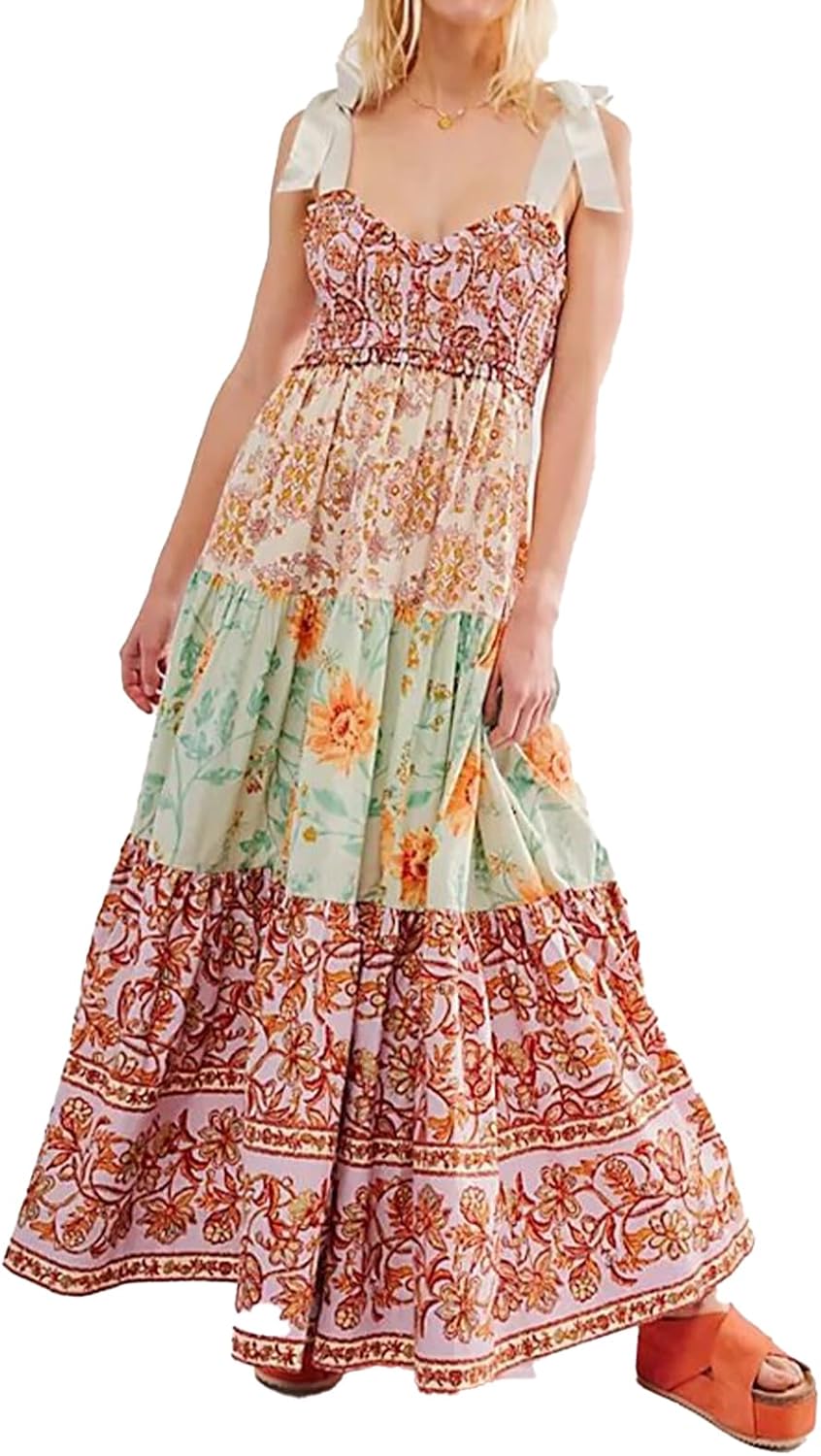 Women Floral Maxi Dress Tie Shoulder Patchwork Smocked Flowy Boho Dress with Pockets Summer Vacation Sundress