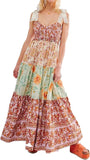 Women Floral Maxi Dress Tie Shoulder Patchwork Smocked Flowy Boho Dress with Pockets Summer Vacation Sundress