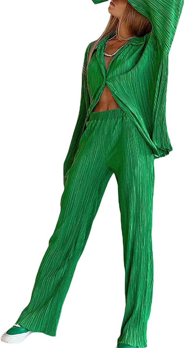 Pleated 2 Piece Outfits for Women Long Sleeve Oversized Button Down Shirt Wide Leg Pants Sets Casual Loungewear